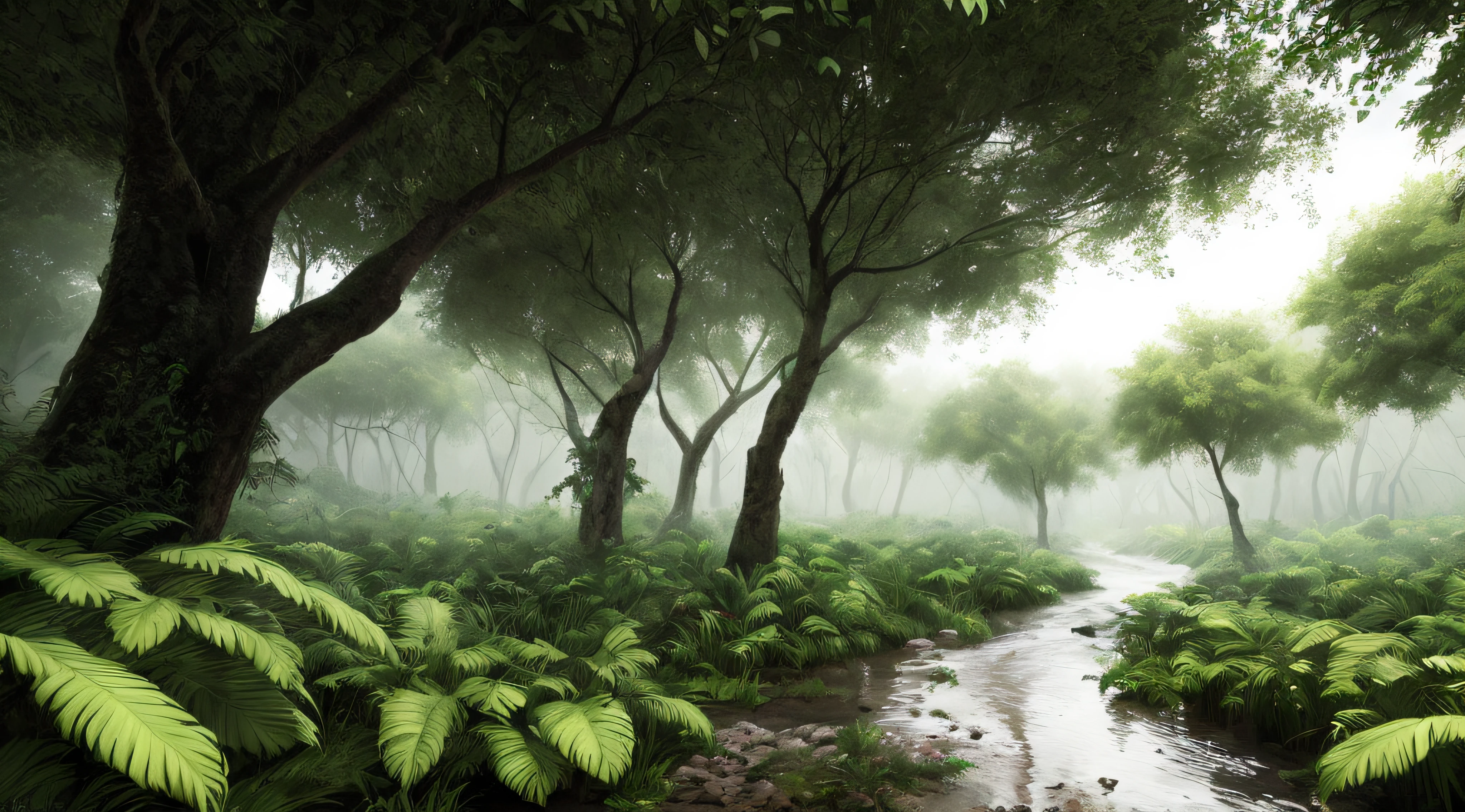 A humid tropical jungle, with heavy rain, monochrome, vines all around, giant wet trees, masterpiece, best quality, high quality, 8k CG wallpaper, extremely detailed, oil painting, award winning photography, Bokeh, Depth of Field, HDR, bloom, Chromatic aberration, photorealistic, extremely detailed, trending on artstation, trending on CGsociety, intricate, high detail, dramatic, mid-journey art, volumetric lighting.