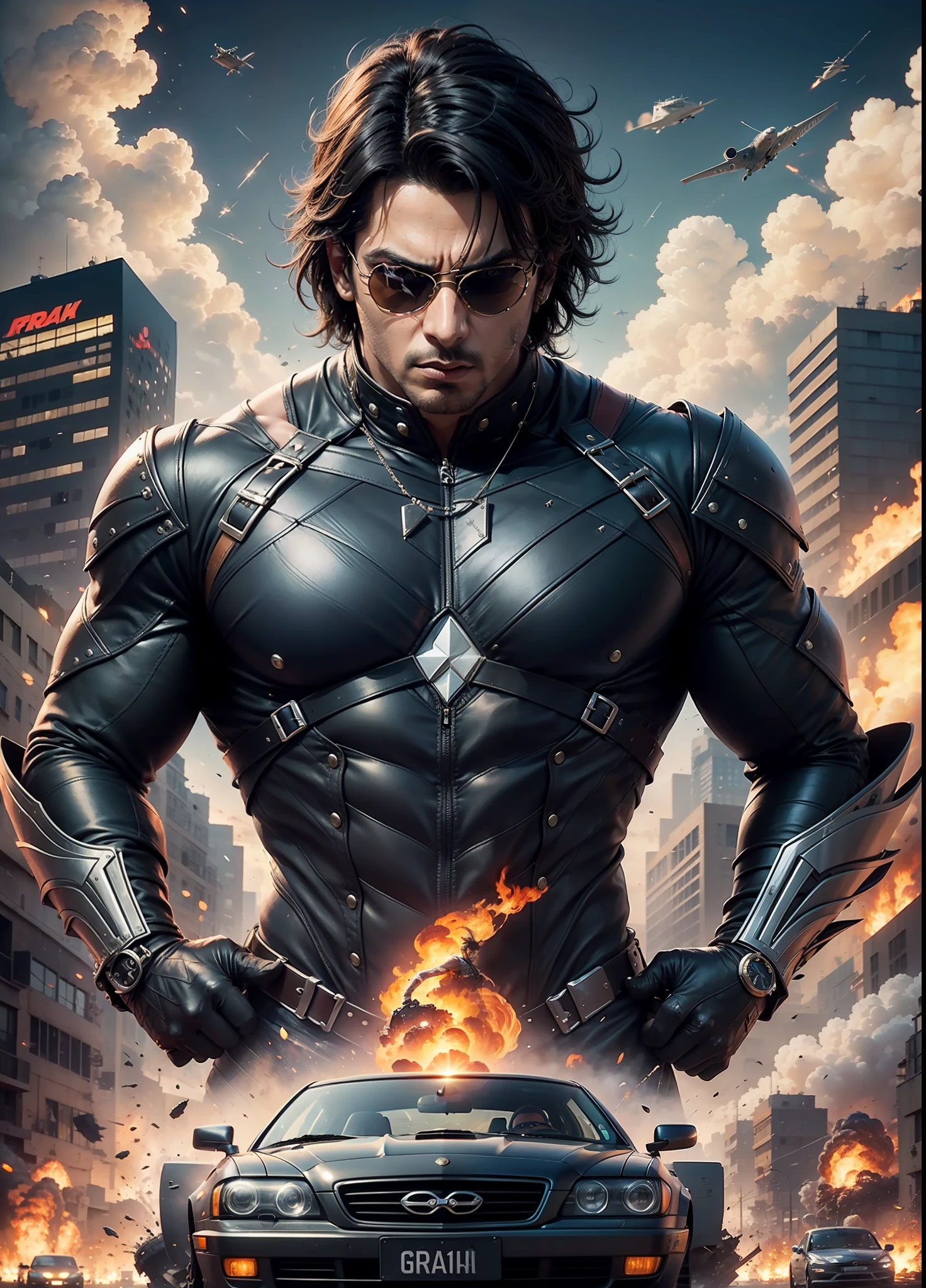 Movie poster krrish, sunglasses, rivets, explosions, guns, cars, planes, one person, full body.