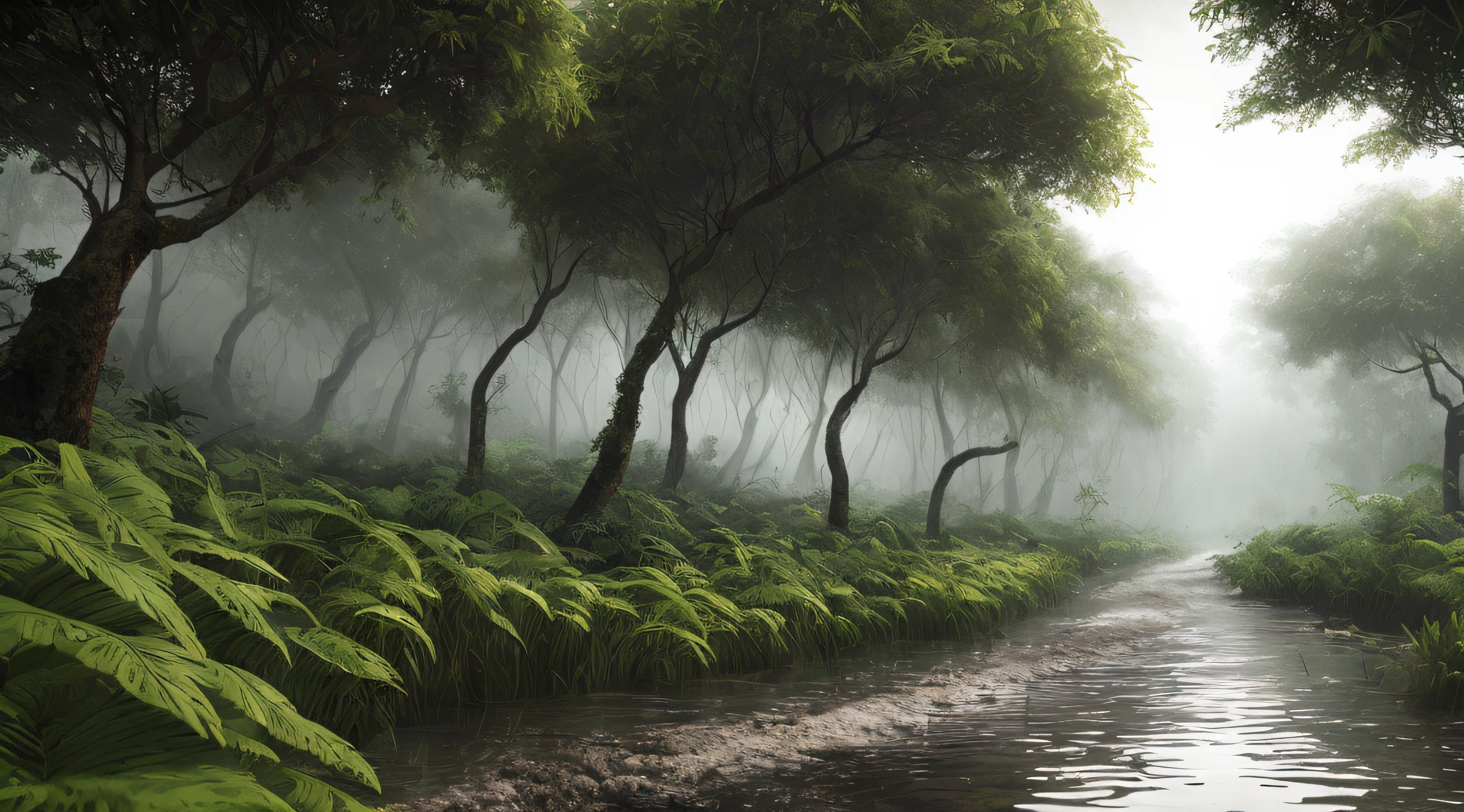 A humid tropical jungle, with heavy rain, monochrome, vines all around, giant wet trees, masterpiece, best quality, high quality, 8k CG wallpaper, extremely detailed, oil painting, award winning photography, Bokeh, Depth of Field, HDR, bloom, Chromatic aberration, photorealistic, extremely detailed, trending on artstation, trending on CGsociety, intricate, high detail, dramatic, mid-journey art, volumetric lighting.