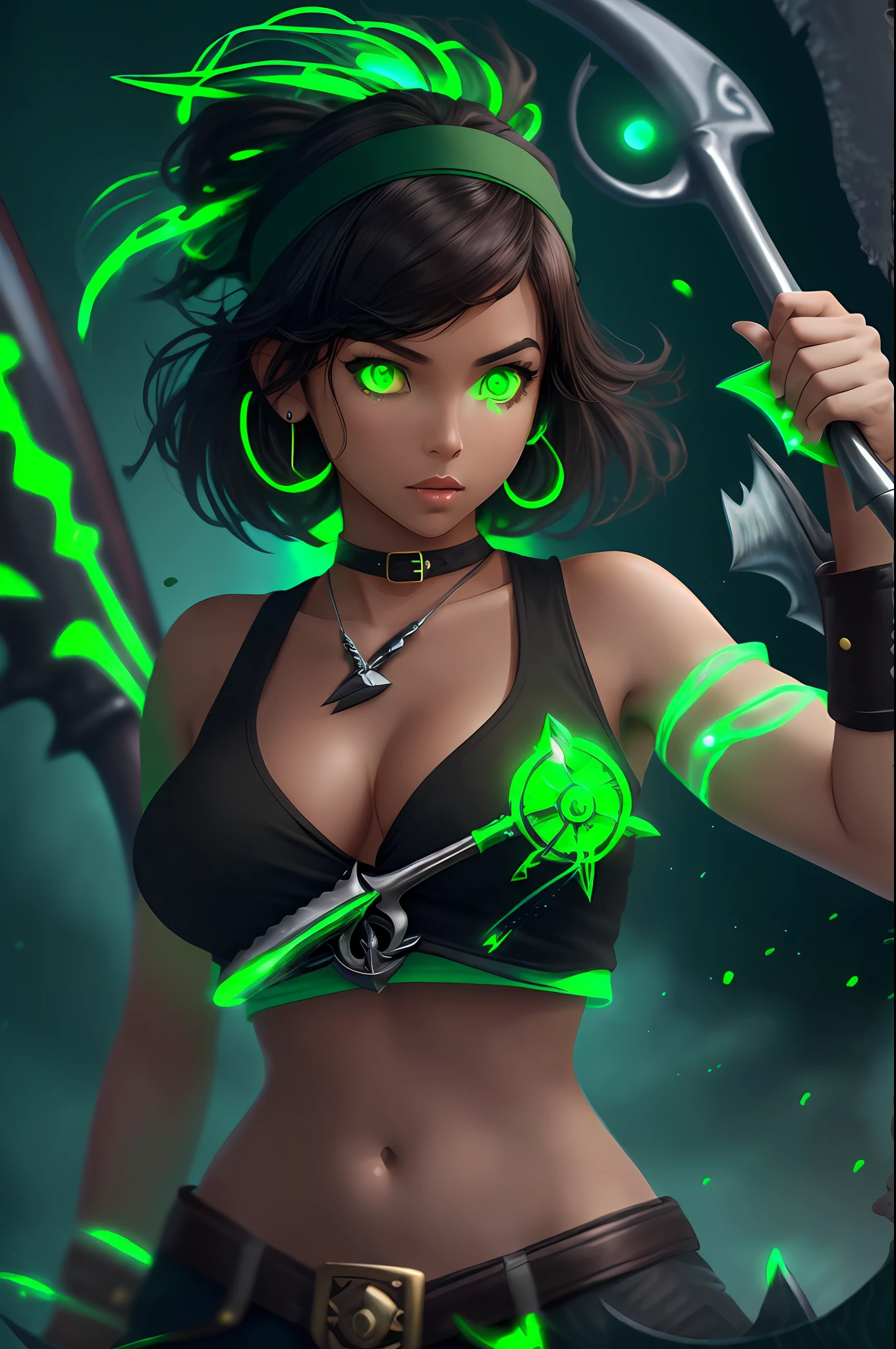 a tanned brown skin pirate woman wearing (( green headband )) , (( green cropped sleeveless top )) , green belted shorts )) , ((( short black hair )) , ((( green glowing harpoon on her hand ))), (( holding a big fish )) --auto --s2
