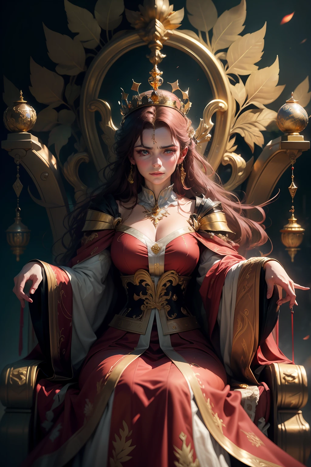 best quality, masterpiece, detail, intricate details, realistic cinematic lighting, (fantasy art: 1.6), (ceza: 1.1), (façade: 1.2), upright, royal, majestic, queen, (huge and golden thrones), crown, close up front, solemn, throne, upright posture, serious, dignity, gaze ahead, contemplation, jewelry, solo, divine light, 1 woman, (gold and red dresses:), golden palace,(kafka:1.2)