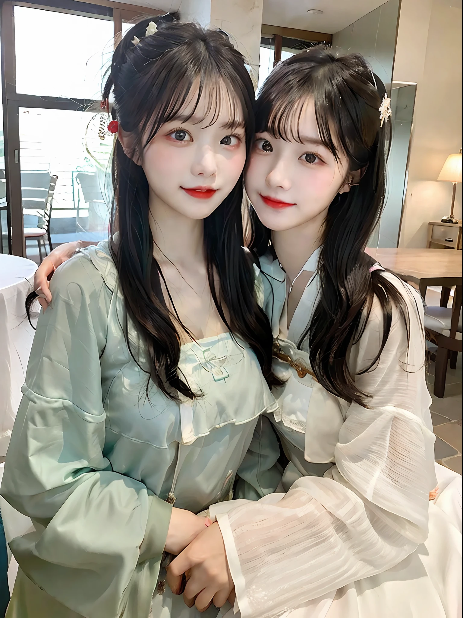 ((Best Quality, 8K, Masterpiece: 1.3)), Sharpen, Real Photo, Real, (2 Women Snuggled Together: 1.3), (Chinese Tang Dynasty Hanfu: 1.2), (Half-body, close-up), Medium hair, Layered shawl hair, cleavage, slim body, Beautiful eyes, super detailed face, Beautiful woman, tight, big breasted, petite, , cute girl, petite, glowing skin, slim body, 20 years old, indoor, banquet, ((front light: 1.2)), Frontlighting