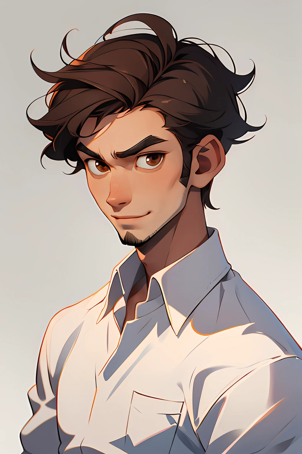 A young man of 19 years old, with medium-length brown hair, brown eyes, angular jaw, short shaven beard, tall and lean body, cute and innocent look, adorable face and serious subtle smile, wearing a casual white shirt.