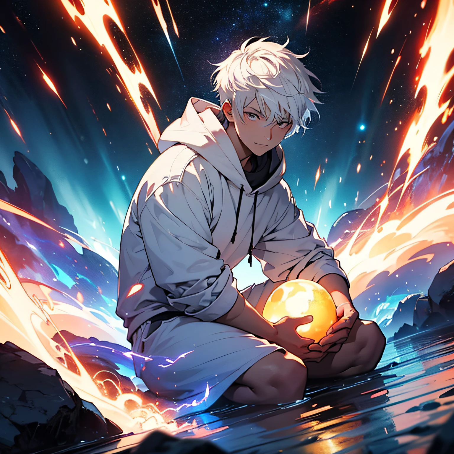 A man with short white hair, white hooded shirt, sitting, holding a sphere of energy, with a serene expression, the background galaxias, surrounded by blue flames, golden and red rays, high-speed movement, panoramic emergency, express dynamic and multi-angle light and shadow effects, generate detailed images of 16K level. --auto