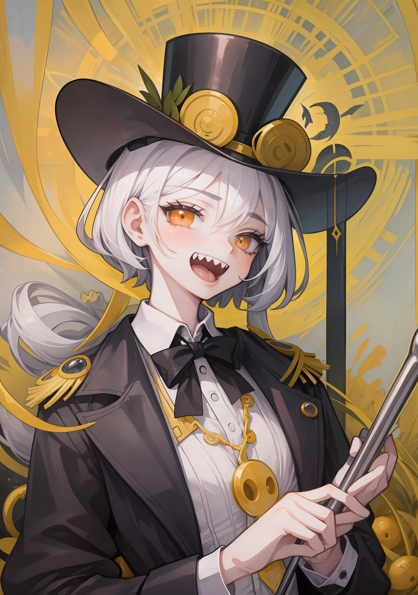 illustration of the highest quality, with a high degree of detail, 1 girl dressed in a white shirt with a vest on top, a top hat on her head and a cane in her hands, with an evil smile, orange eyes, white hair, white snake, sharp teeth