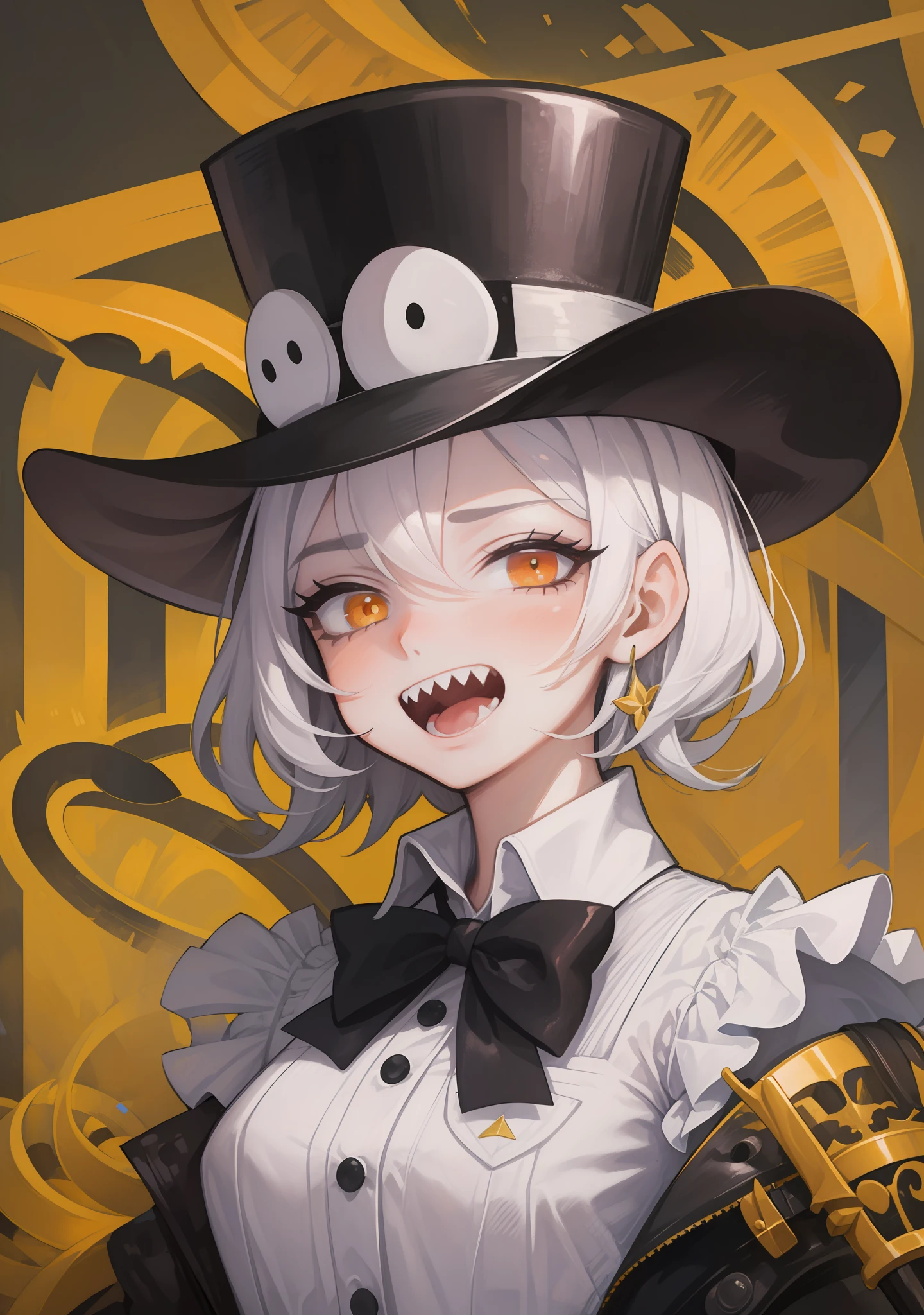 illustration of the highest quality, with a high degree of detail, 1 girl dressed in a white shirt with a vest on top, a top hat on her head and a cane in her hands, with an evil smile, orange eyes, white hair, white snake, sharp teeth