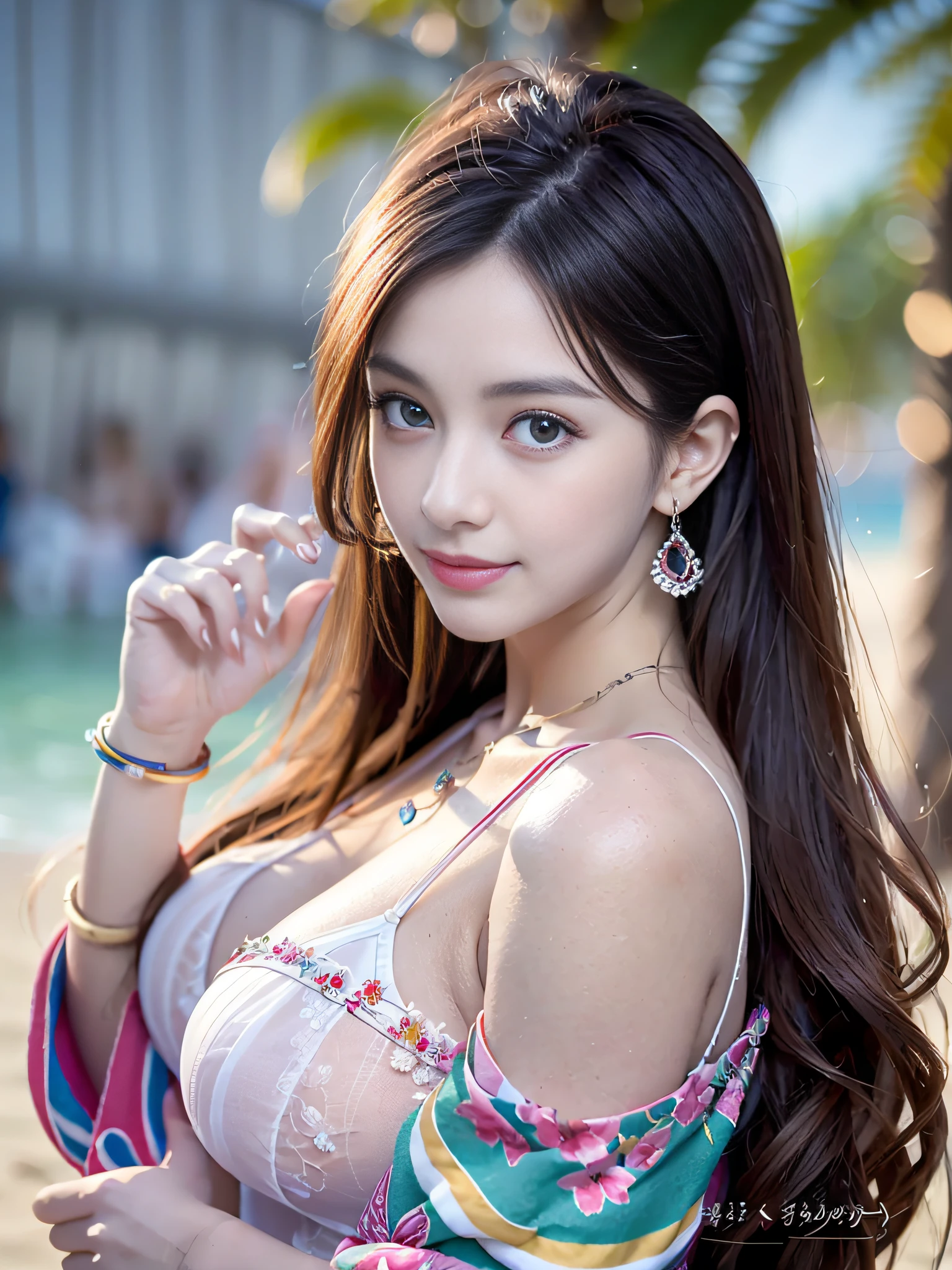 (best quality:1.1) ,(photorealistic:1.1), (photography:1.1), (highly detailed:1.1), looking at viewer,armlet, Jade bracelet, eyelashes, happy, medium breasts,beautiful detailed girl, (extremely detailed eyes and face), (lighting on face),necklace,Colorful clothes, [chinese clothes],[off shoulder], (solo:1.2), sandbeach,sand,Standing by the seaside, summer, (beautiful detailed sky),seethru,