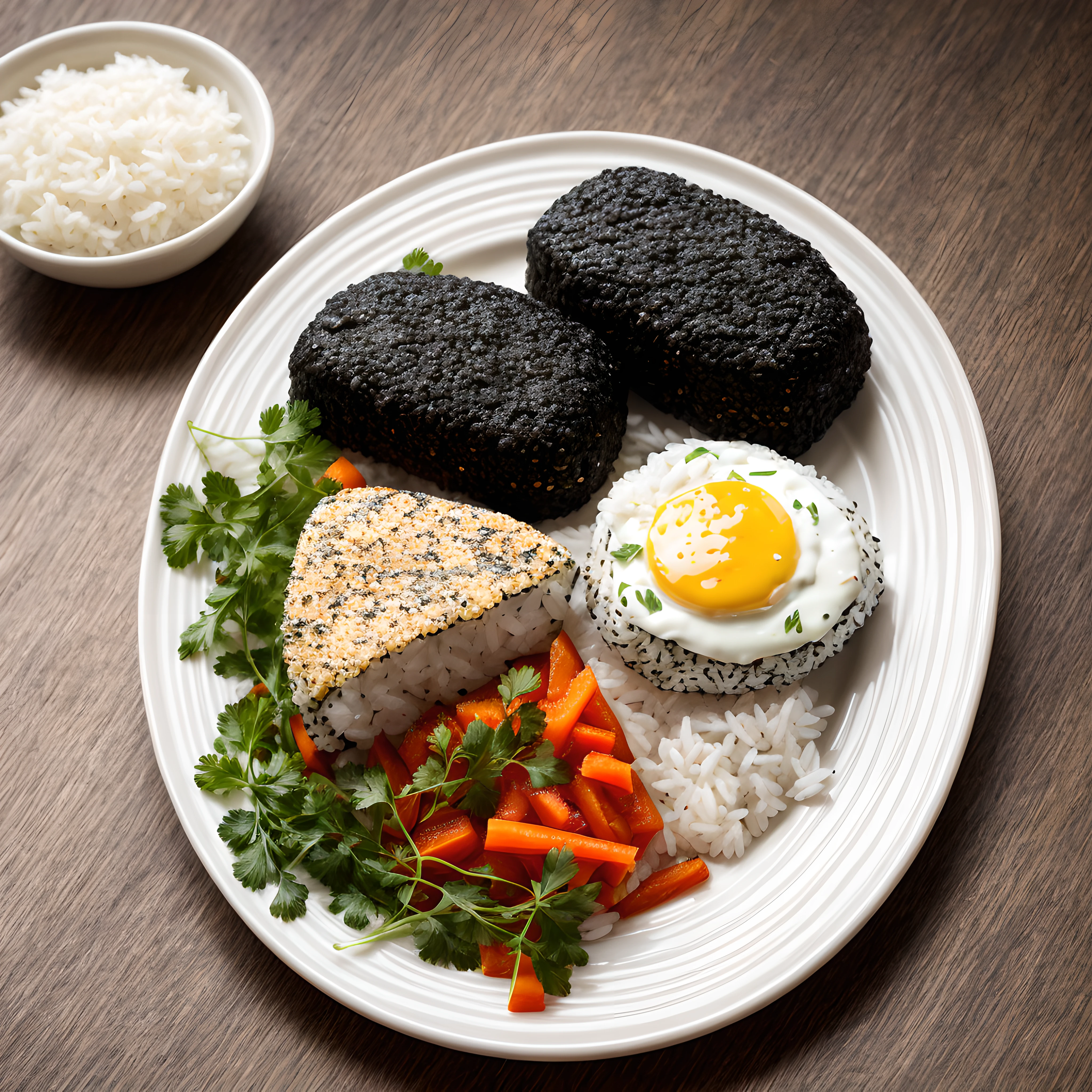 best quality,masterpiece,highly detailed,ultra-detailed,
onigiri,food focus, food, still life,vegetable, blurry, rice white plate,