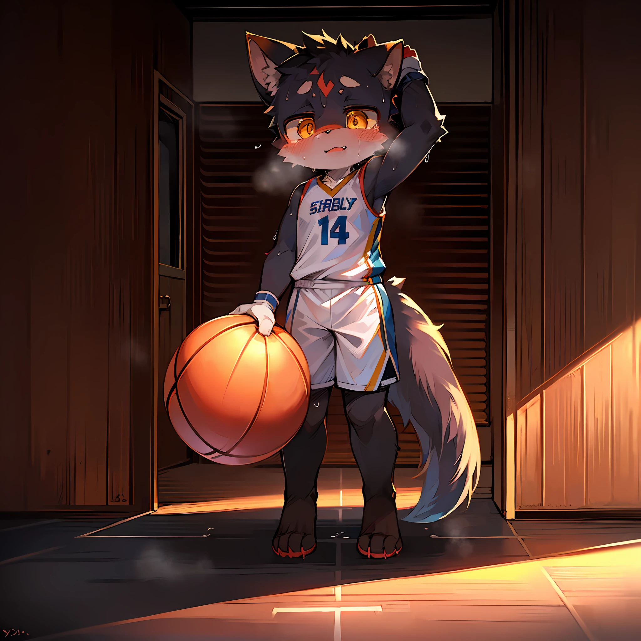 Masterpiece, high quality, absurd resolution, digital painting \ (artwork \), dagasi, yupa, kiyosan, (fluffy fur: 1.1), (brightness: 0.7), anthro male cat. (orange-yellow eyes, black fur, full body fur, cat nose: 1.2), bright eyes, panorama, character focus. Detailed background, (white basketball suit, sweating, dribbling, playing basketball: 1.2), (indoor, basketball court: 1.2), wolf type