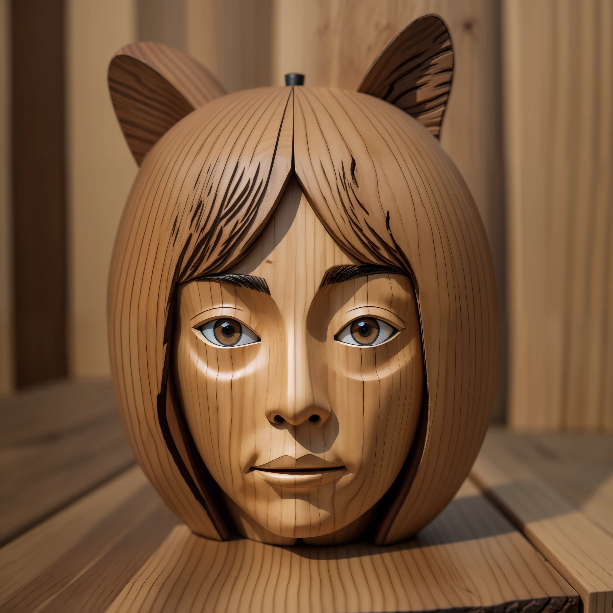 The material is wood, shaped like a person's face