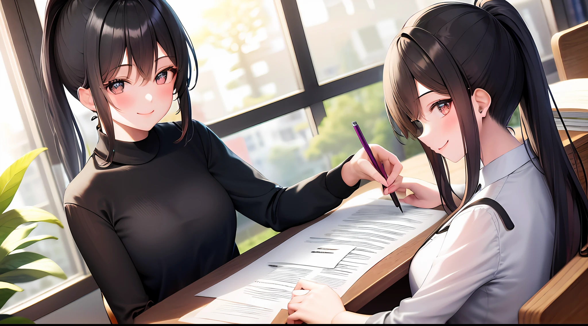 masterpiece, best quality, high resolution, 1girl, shirt, girl sitting on chair studying drafting at desk, horizontal angle, studying, paperwork, high ponytail, smile