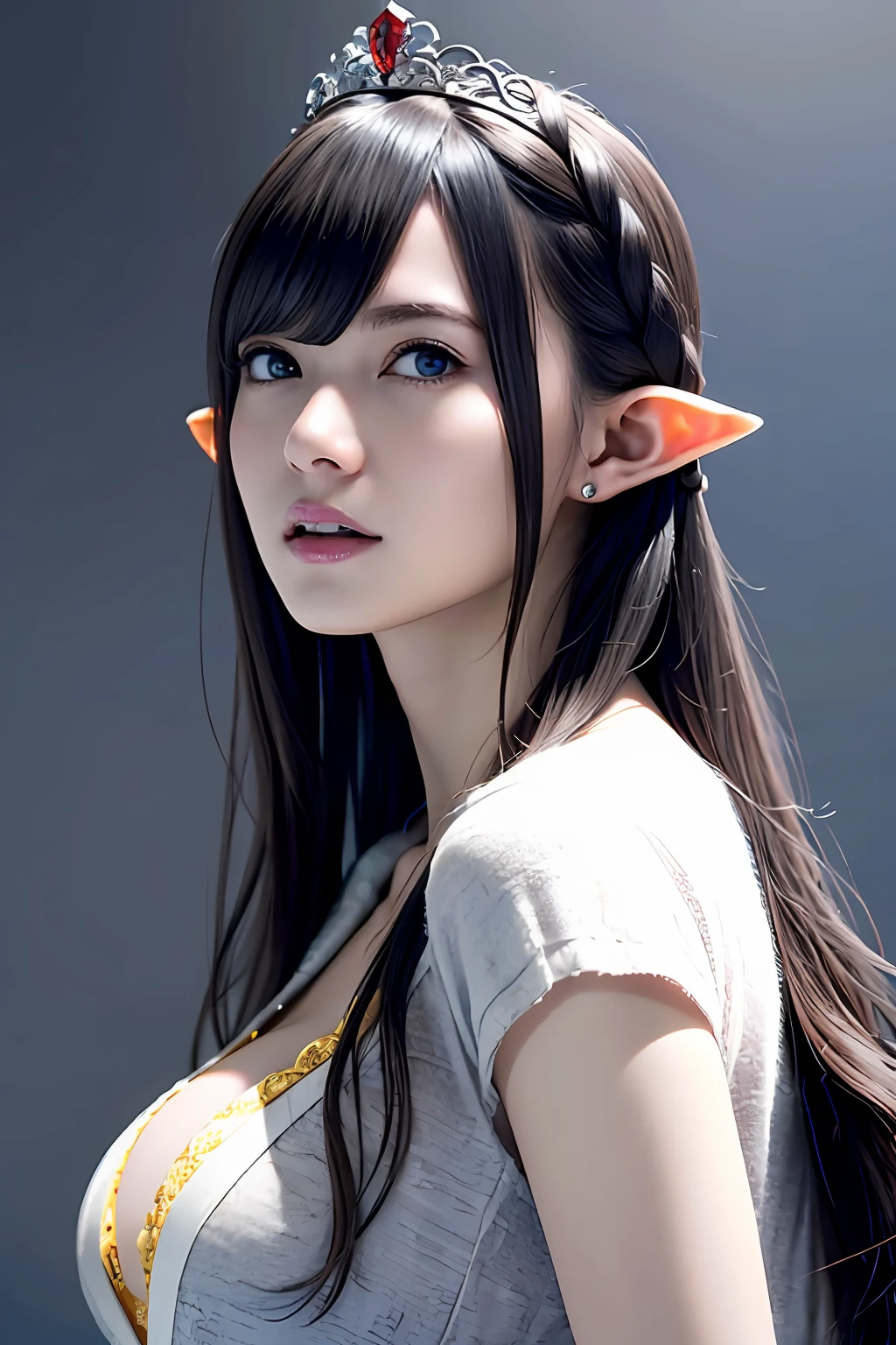 Ultra-detailed complex 3D rendering of face, (Colossal: 8.8), (masterpiece, top quality, octane rendering, 8K), glamour shot full body image, very beautiful young elf, cleavage, (very detailed skin: 1.2), (exposure: 1.1), blonde, ((wearing a plummeted open shirt of yellow silk: 1.5)), beautiful Caucasian woman with full soft breasts and white skin with big ass, 1 person, long braided hair, big breasts, dynamic angle, mystical expression, ultra-realistic photos, (((((portrait))), bare feet, futuristic urban background, facial muscles, detailed and beautiful queen crown, in the style of Marvel Comics, ArtStation trends, clear focus, studio photography, intricate details, very detailed, detailed red eyes, very detailed, Sharp Focus, Digital Rendering, Professional, Abs, Dark Grey Background, Shot with Canon EOS R 6, ((Sexy Pose)))), Seductive look, legs open with thighs,