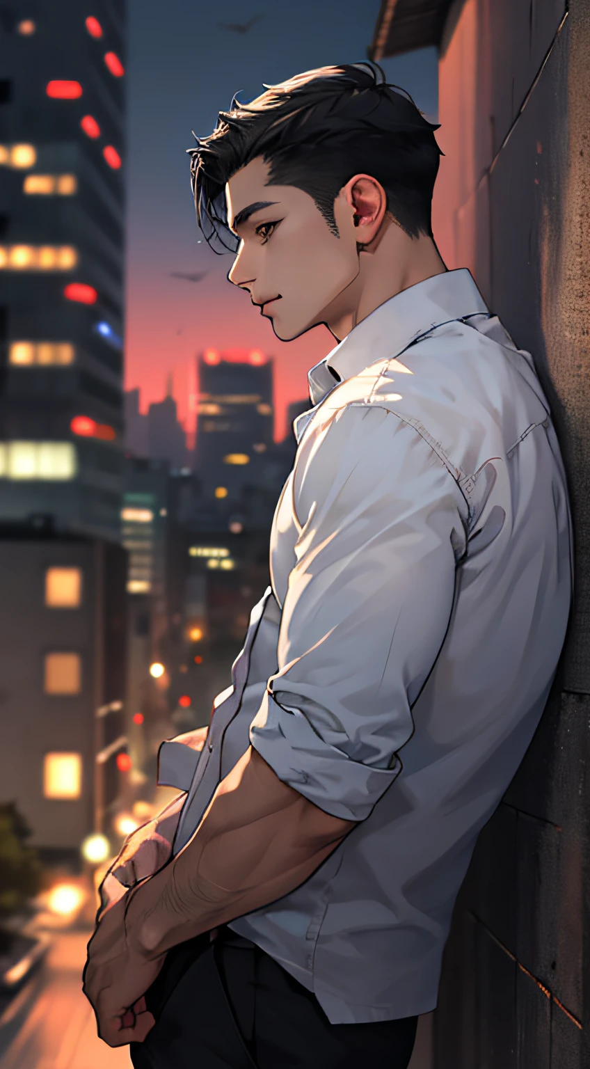 1man, masterpiece, best quality, ultra high resolution, dusk, cityscape, depth of field, short black hair, leaning against the wall, looking at the audience, single man