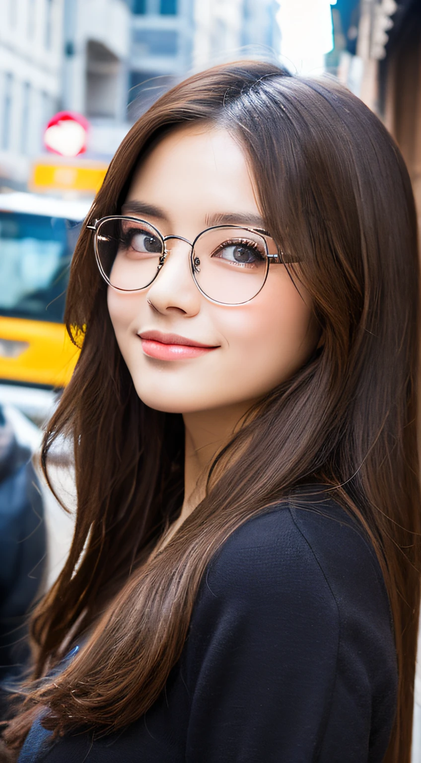 ((Top Quality, 8k, Masterpiece: 1.3)), 1 Girl, Smile, Full Body, Slim Face, Pretty Woman, (Dark Brown Hair), Ultra Detailed Face, Detailed Eyes, Double Eyelids, Blurred Background, Slim Face, City, Outside, Street, Black tabby Glasses