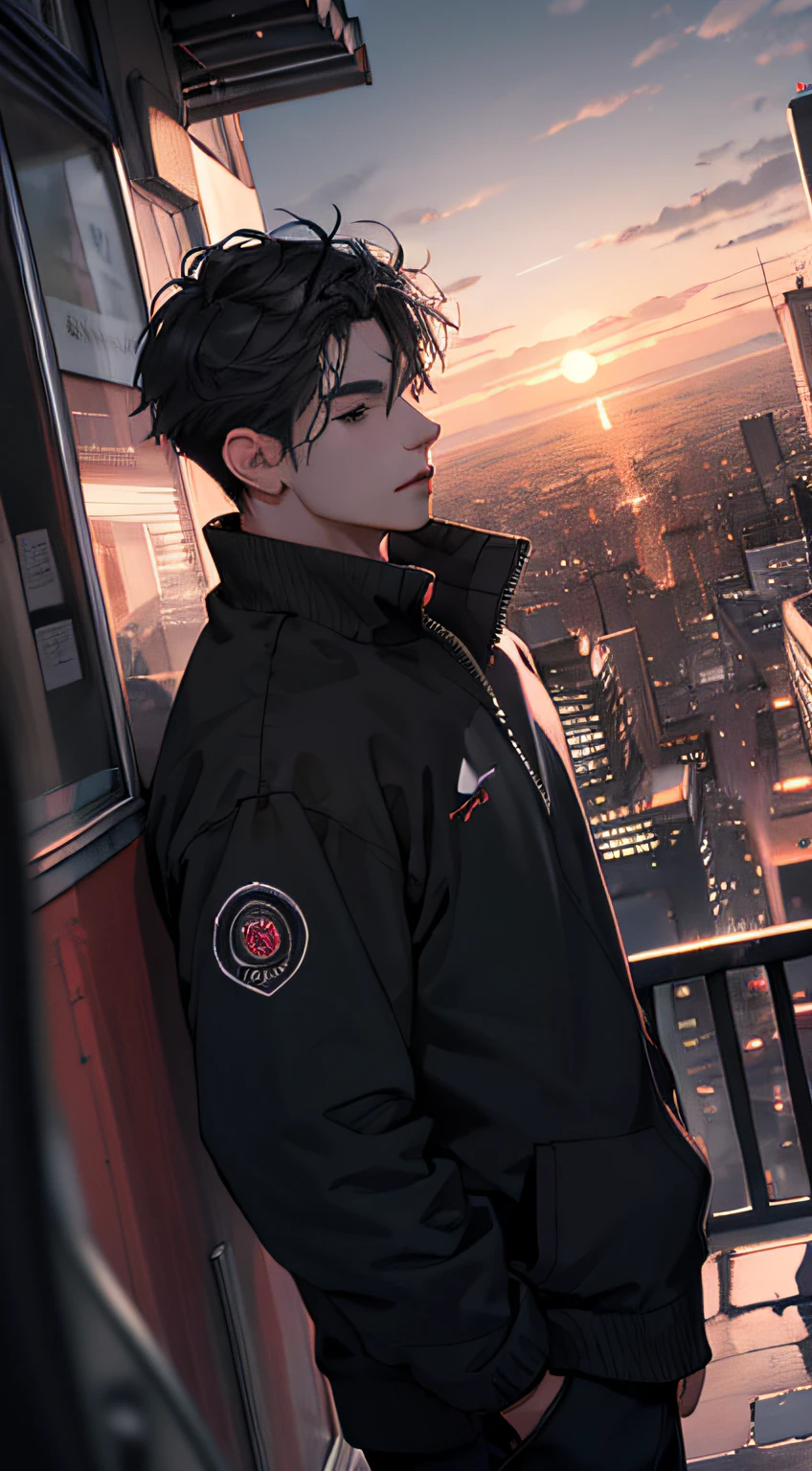 1man,masterpiece,best quality, ultra high res, dusk,cityscape,depth of field, short black messy hair, solo male