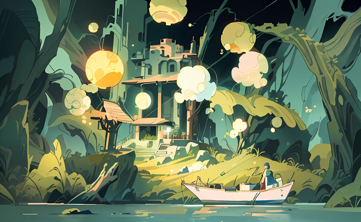 (Masterpiece, Best Quality, Ultra Detailed, High Resolution, Best Illustration) Cartoon Scene of Girl on Boat in Swamp, Anime Landscape, Anime Landscape Concept Art, Random Background Scene, Anime Background Art, Very Coherent Stylized Artwork, Fantastic Psychedelic Feeling, Background Art, Surreal Dream Landscape, Anime Background, Concept Art Scene, Anime Scene, Good Looking Composition, Loepfe Art Style, Huge Landscape