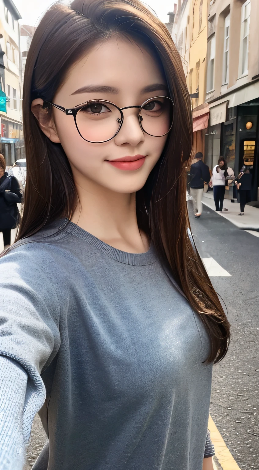 ((Top Quality, 8k, Masterpiece: 1.3)), 1 Girl, Smile, Full Body, Slim Face, Pretty Woman, (Dark Brown Hair), Ultra Detailed Face, Detailed Eyes, Double Eyelids, Blurred Background, Slim Face, City, Outside, Street, Black tabby Glasses