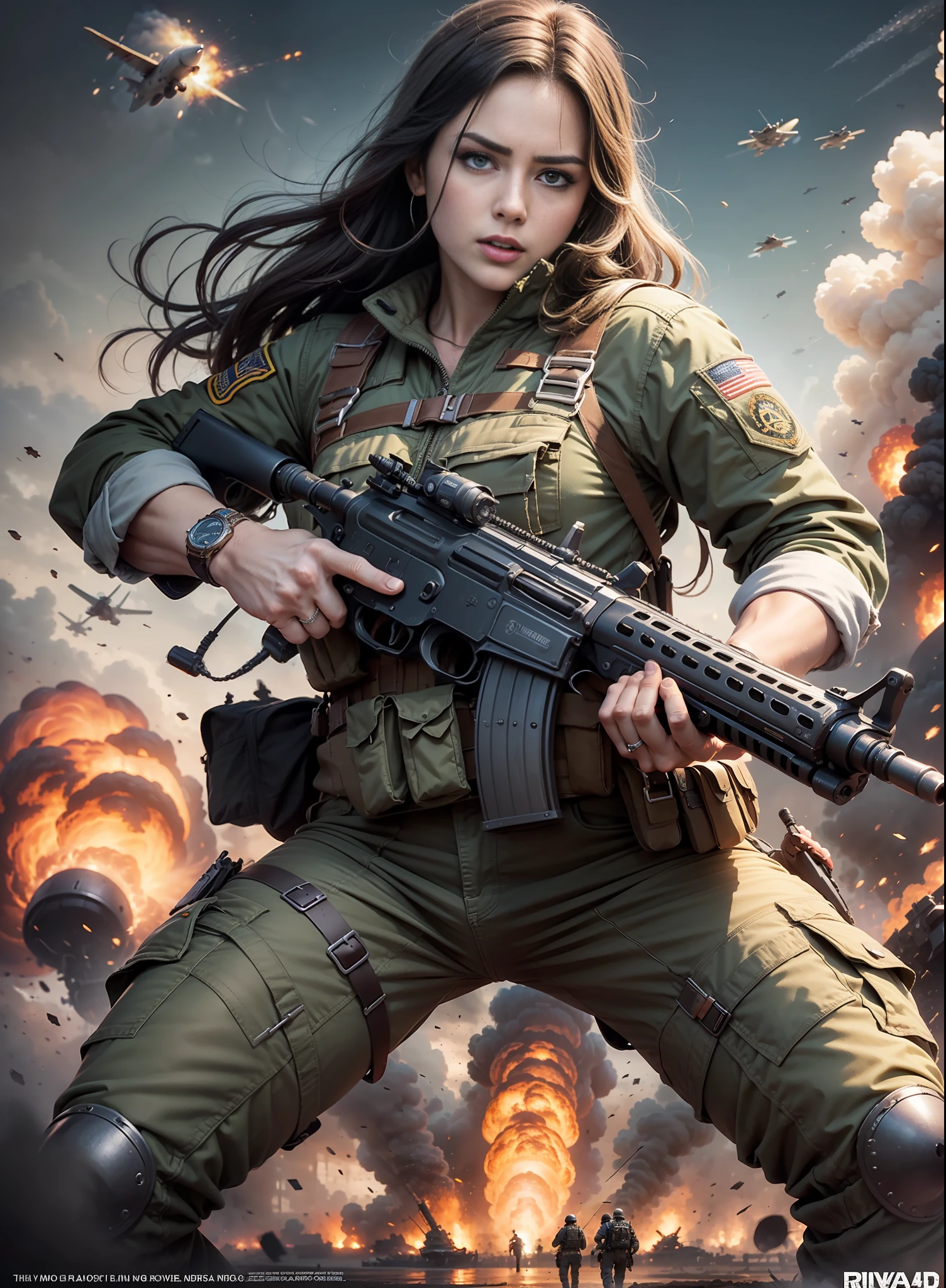 Commando movie poster, long hair, rivets, explosions, guns, cars, planes, just one body