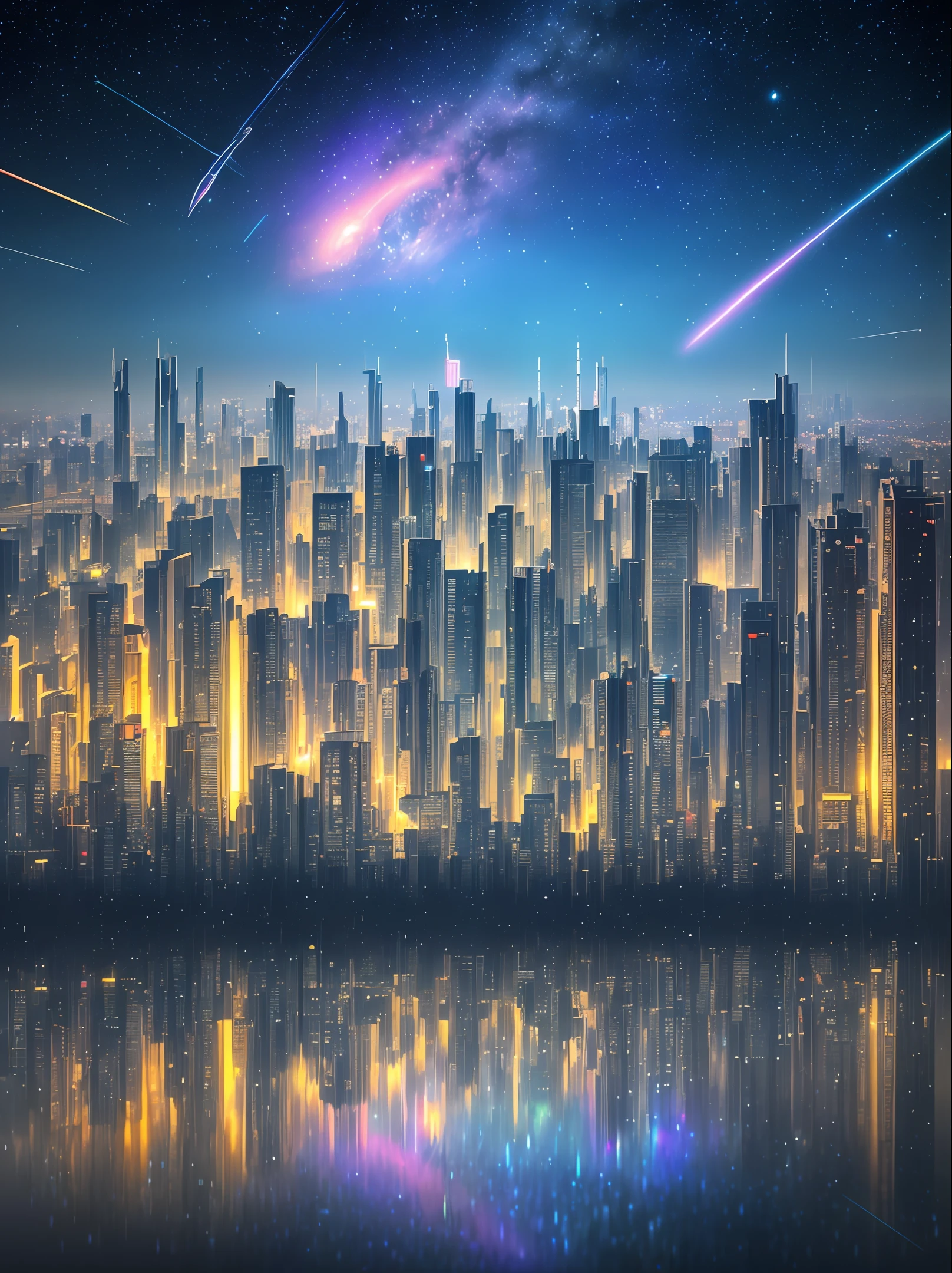 Concept art, best quality, space and galaxy, ((psychedelic style)), best quality 4K, masterpiece, cellular wallpaper, brightness, lots of glass effect, city, buildings floor view up, cyberpunk style, lights and effects RPG, UHDR, stars and planets in the sky, largest view of the sky, raindrops, reflecting puddle of water, ultra realistic, science fiction