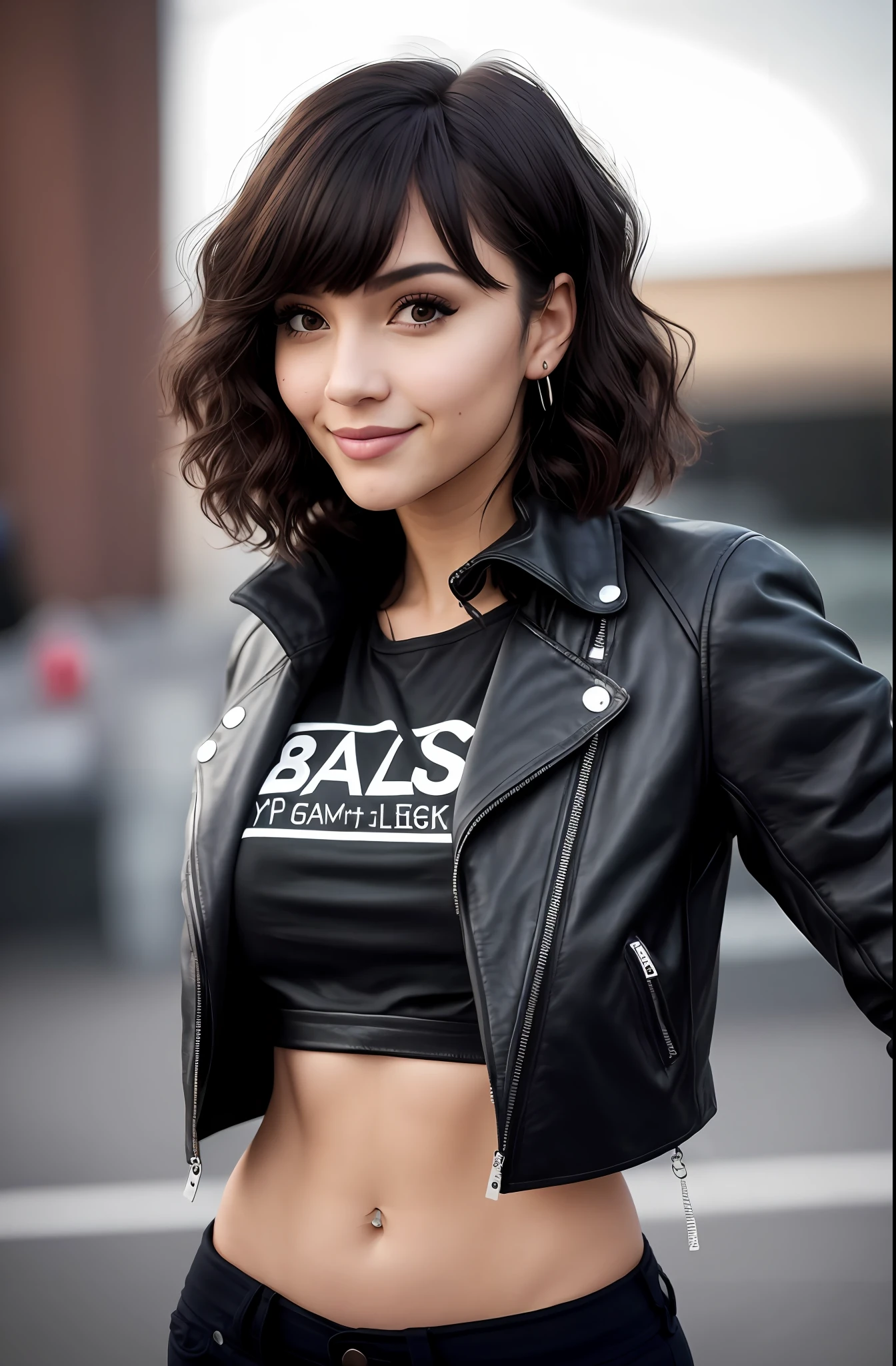 (Full body, editorial photograph of a futuristic 22-year-old woman), (highly detailed face:1.4) (smile:0.7) (background inside dark, slight smile, private study:1.3) POV, by lee jeffries, nikon d850, 4 kodak portra 400, camera f1.6 lens, rich colors, hyper realistic, realistic texture, dramatic lighting, cinestill 800, Italian, short curly hair with smooth bangs, sculptural body, perfect abs, slim waist and wide hips, big ass, cyberpunk rock style clothing, leather jacket, cropped t-shirt, angelic face thick lips