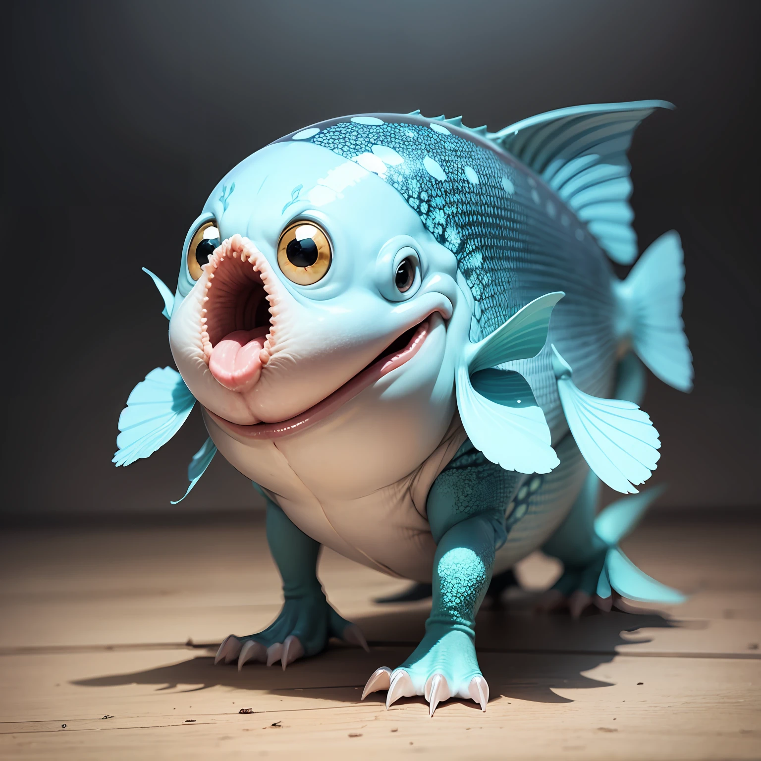 [{"option":"Fish body, two legs, thick legs, white skin, creepy, height 1m 50cm, big fish eyes, open mouth, no background"}] --auto