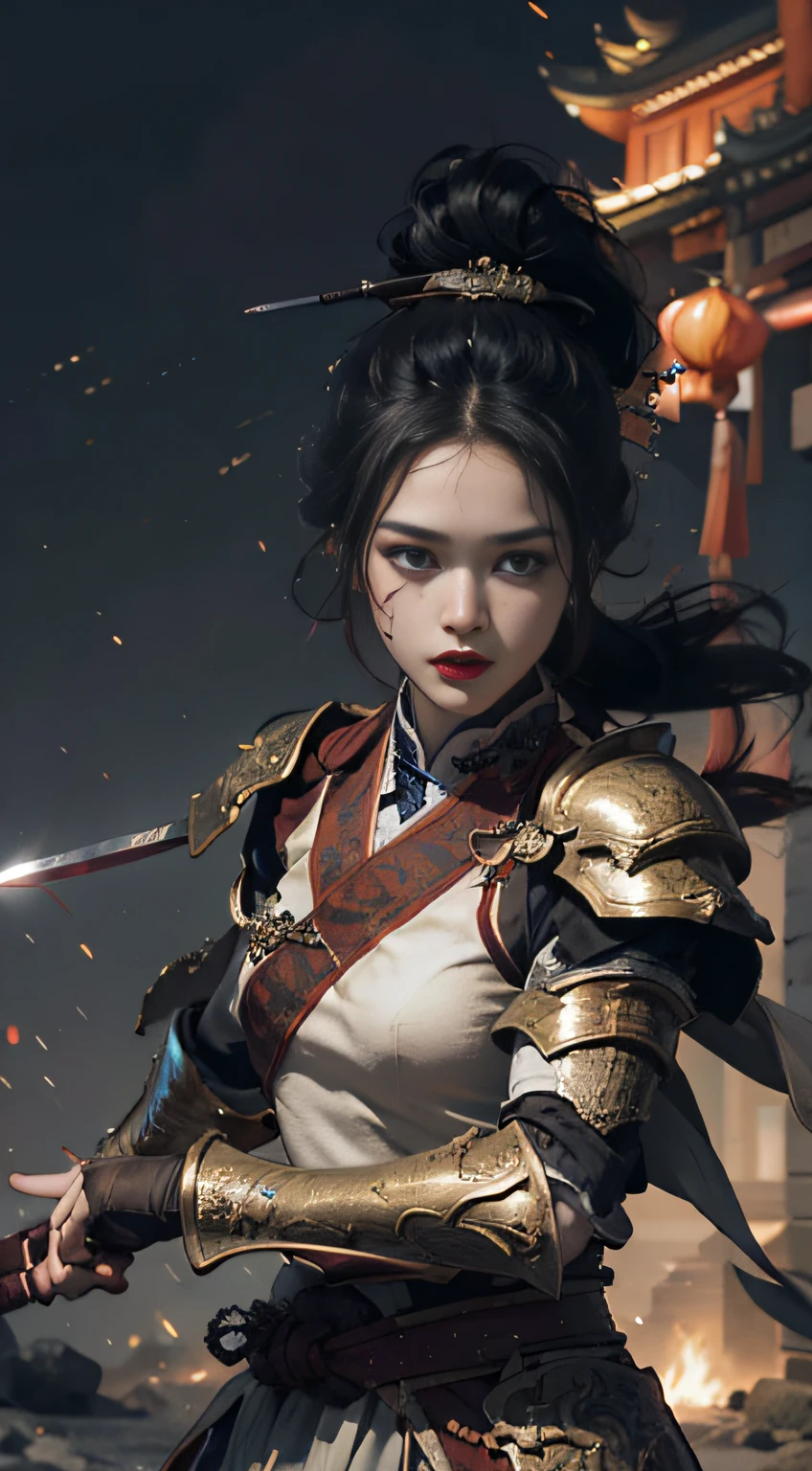 (Positive Focus), (In the Dark: 1), (Best Quality), Movie Poster, Highly Detailed, 8k Wallpaper, Volume Lighting, Dynamic Lighting, A Girl, Long Black Hair, Ponytail, Black Metal Armor, Red Belt, Black Armor, Shoulder Armor, Waist Guard, Hand Guard, Veil, Holding a Long Sword in front of Body, Ancient Chinese Style, Battle Stance, Lots of Blood, Blood Stains on Face, Clothes Damaged, Ancient Chinese Battlefield, Ancient Chinese Soldiers, Arrows Flying, War, Night, Dramatic Composition, Sword qi surrounding, rich picture detail, war, movie lighting,