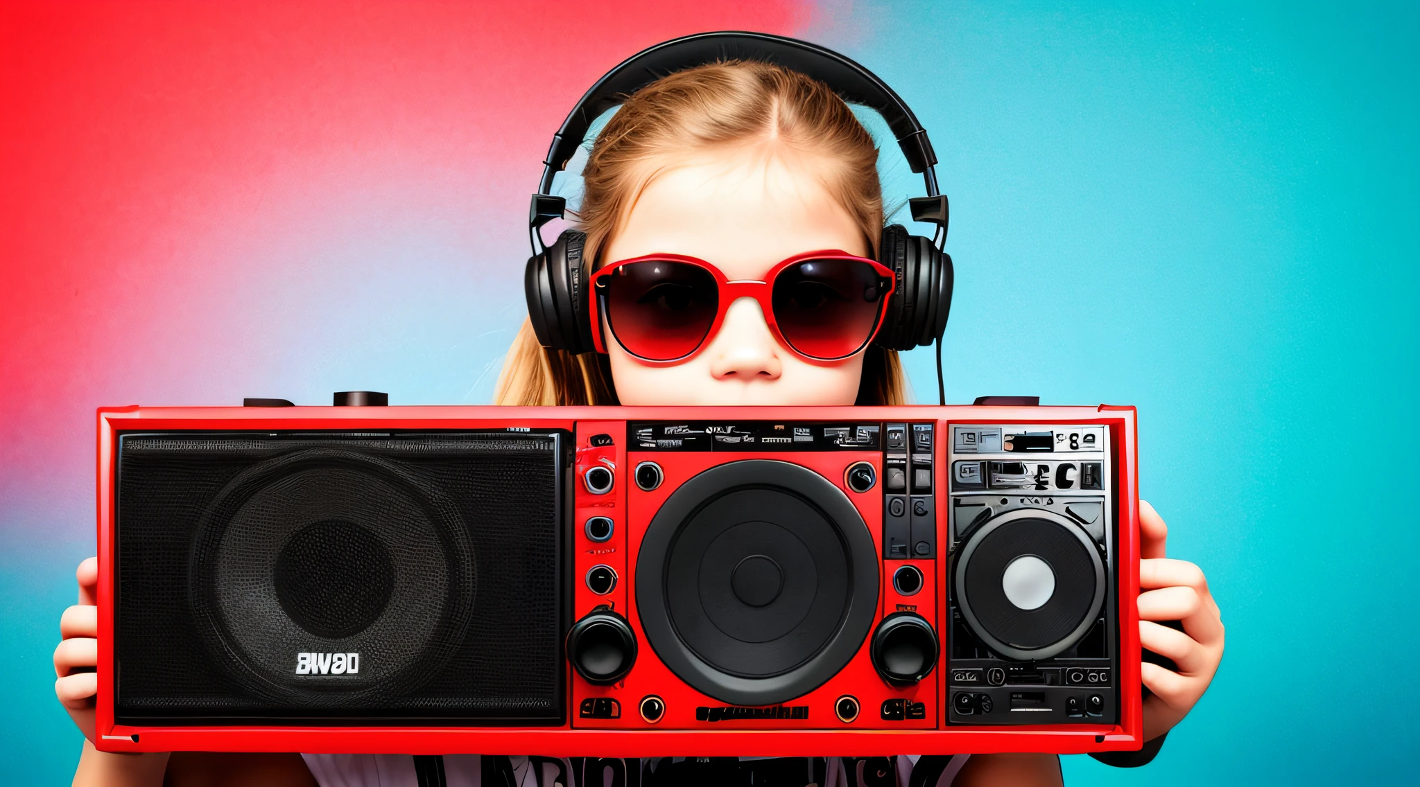  CHILD BLONDE LONG HAIR, holding a boombox and pointing with his hand, boombox, music guy, ghetto blaster, on a red background, playing for music, on red background, dj, very low quality picture, red sunglasses and a guitar, big ghetto blaster, with headphones, music is life, new music,  vibrating with the music