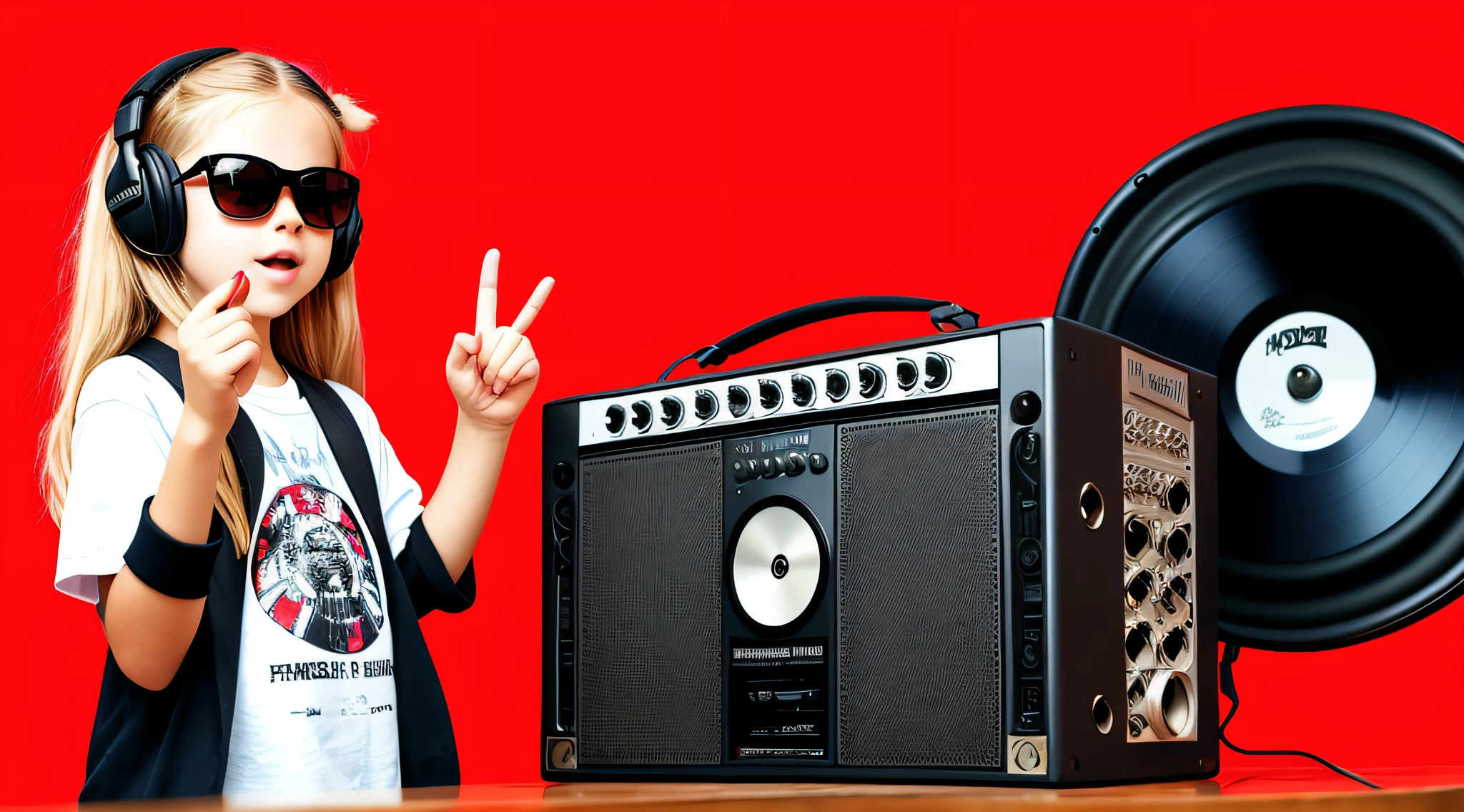 mENINA CHILD BLONDE LONG HAIR, holding a boombox and pointing with his hand, boombox, music guy, ghetto blaster, on a red background, playing for music, on red background, dj, very low quality picture, red sunglasses and a guitar, big ghetto blaster, with headphones, music is life, new music,  vibrating with the music