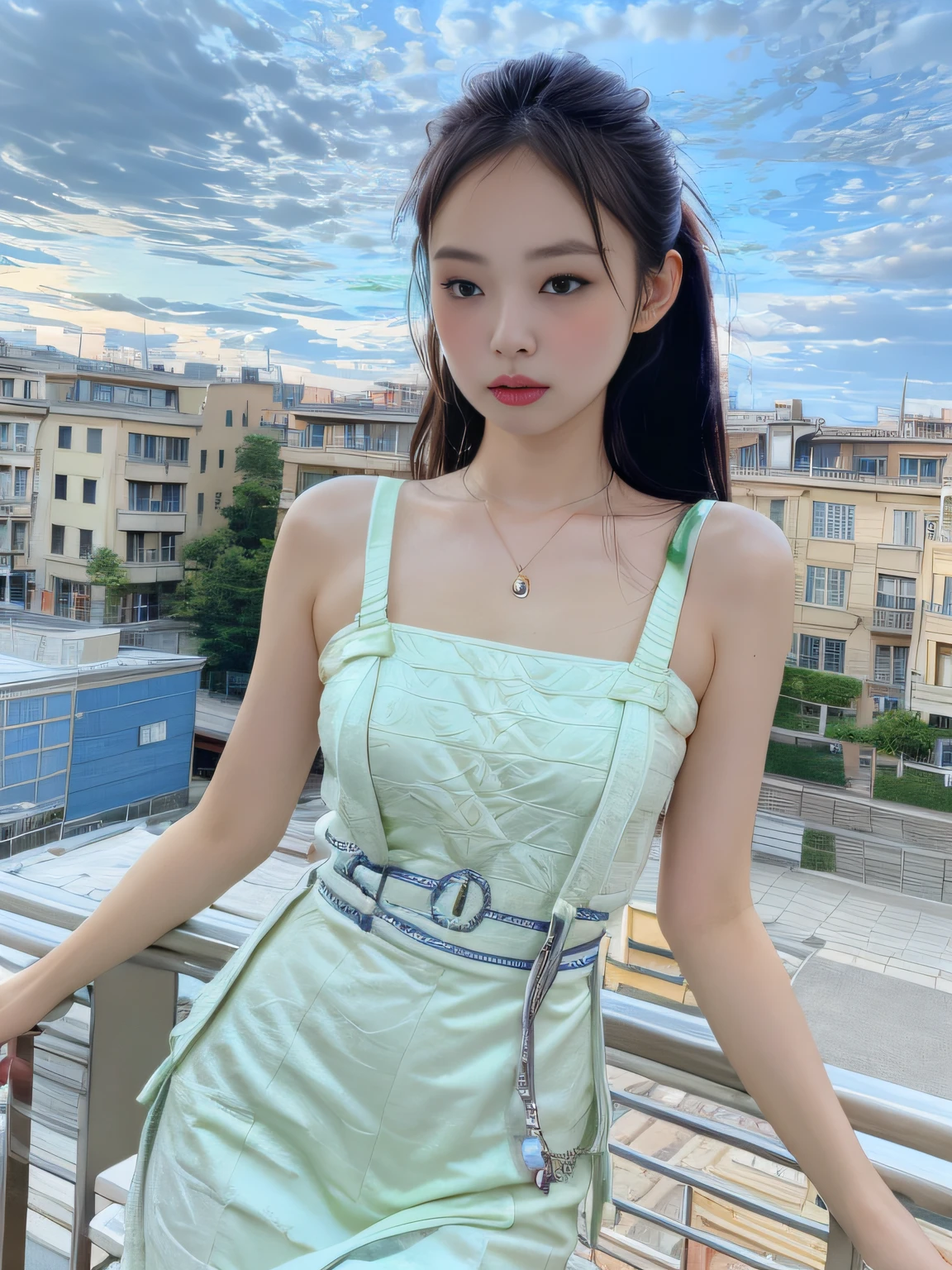 ((Night view, realistic light, best quality, 8k, masterpiece: 1.3)), 1girl, slender beautiful woman holding white long-haired cat, brown hair, ponytail, wearing light green suspenders, skirt, embroidered phoenix pattern, sleeveless, sexy, cleavage, split end, long legs, standing pose, close-up, ultra-detailed face, detailed eyes, double eyelids