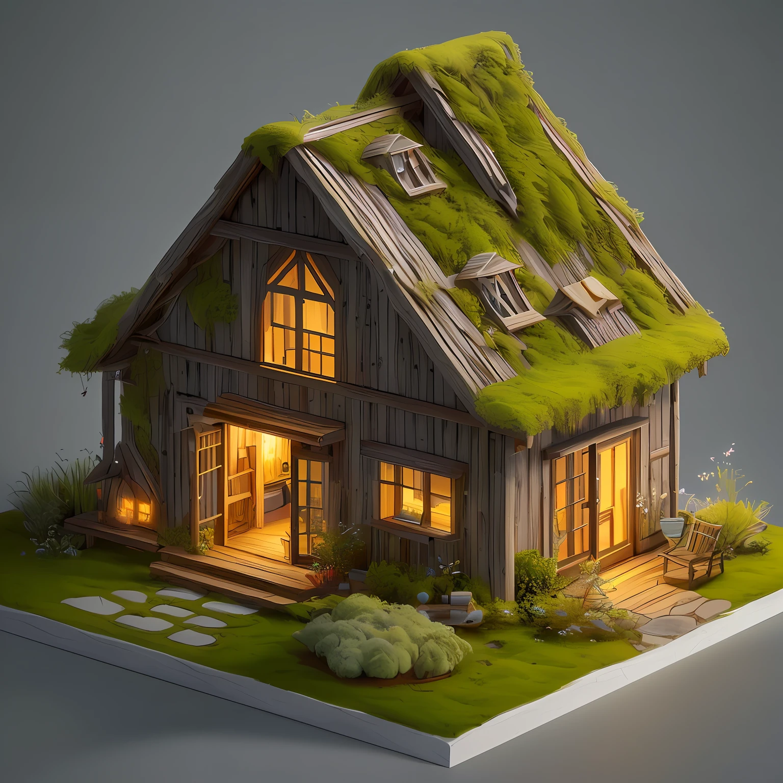 Triangle tiny building butterfly best quality, (extremely detailed CG unity 8k wallpaper), (best quality), (best illustration), (best shadow), A mushroom house covered with moss,firefly,wtarlight surrounds the room,petal, isometric 3D, octane render,ray tracing,ultra detailed,
