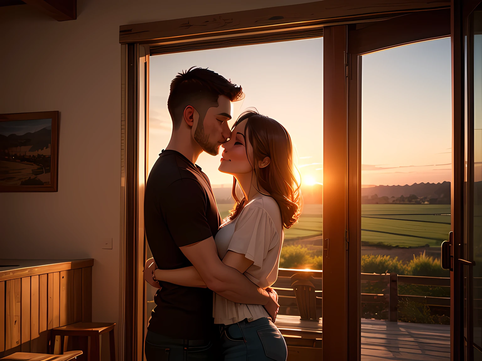 couple embracing, hanging out in a beautiful farmhouse looking at the sunset --auto