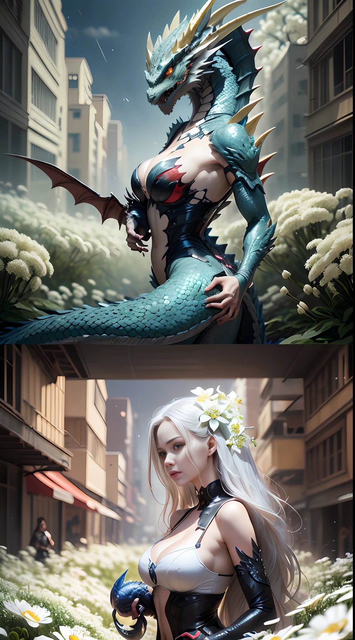 (very detailed CG unity 8k wallpaper), (masterpiece), (best quality: 1.2), (high resolution), (illustration: 1.1), (movie lights: 1.1), fine, intricate details, (best illustration), 8k resolution, intricate details, best quality, realistic, ultra detailed, best lighting, best shadows, ultra hd, cryengine, ultra hd, (detailed reflections), detailed shadows , (((intricate details))), smooth, ((perfect shading)), high-quality metallic texture, metallic luster, highly detailed illustration, (semi realistic:1.6), (wide_shot:1.2), ( from below, dutch_angle), dutch angle, ((cowboy shot)), (beautiful detailed eyes :1.1), beautiful detailed eyes: 1.1, (realistic body: 1.2), looking at the audience, (a girl holding a white Giant dragon, surrounded by white flowers.:1.6), (with disheveled hair), (holding left hand\[prepare a sword[light skin]], (blood dripping all over body:1.1), paintbrush, (glowing eyes\[ Rubik&#39;s cube in the eyes [color yellow]), long silver hair, hair between the eyes, sigma 135mm lens, amaryllis around, (((face to face: 1.6))), complex background, dynamic camera angle, blood rain behind , (war zone), (((high quality detailed ruins))), (depth of field), ((cinematic lighting)), ((horror)), ((dark fantasy)), lovecraftian, spot color, monotone, Red, blood splatter, (best illumination), (hyper intricate details), ((ultra-detailed)), 4k unity , (extremely detailed CG:1.2), (8k:1.1), ((landscape)), Artstation, ((by sui ishida, by Wenjun Lin, by stefan morrell)), dystopian art, apocalyptic art, ((semi-realism), (realism), (dynamic), (nixeu_basic2:0.5)