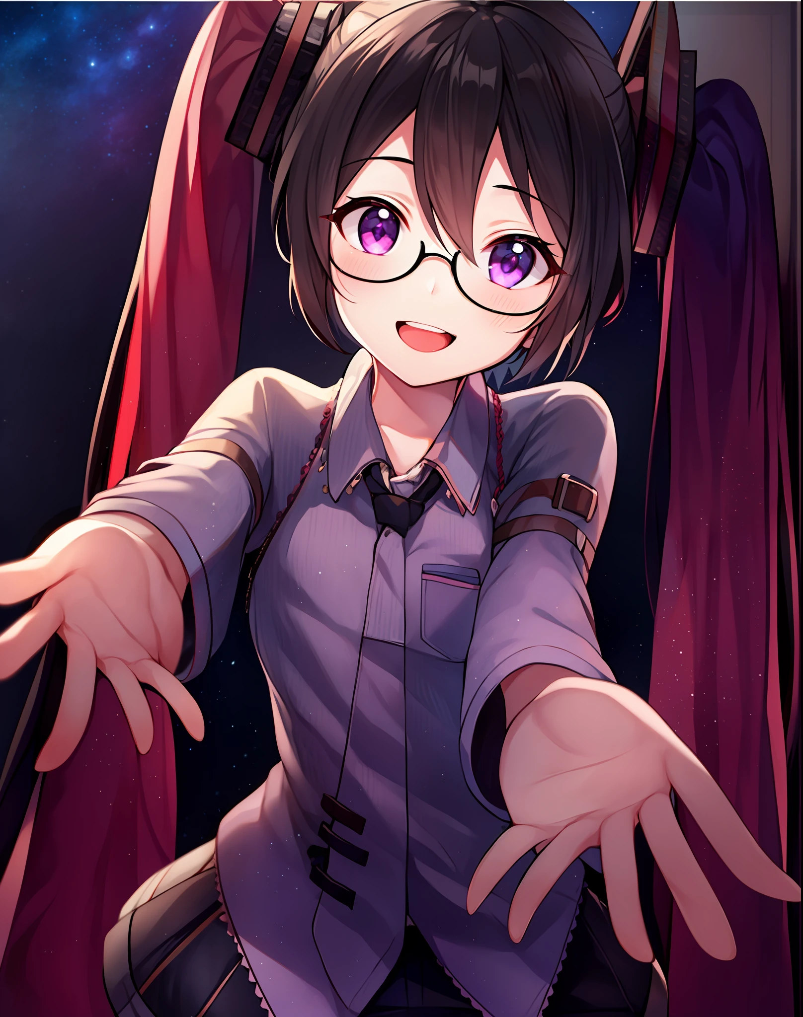 masterpiece, high quality,1 boy, glasses, short hair, black hair, light smile, purple eyes, black clothes, starry sky background,