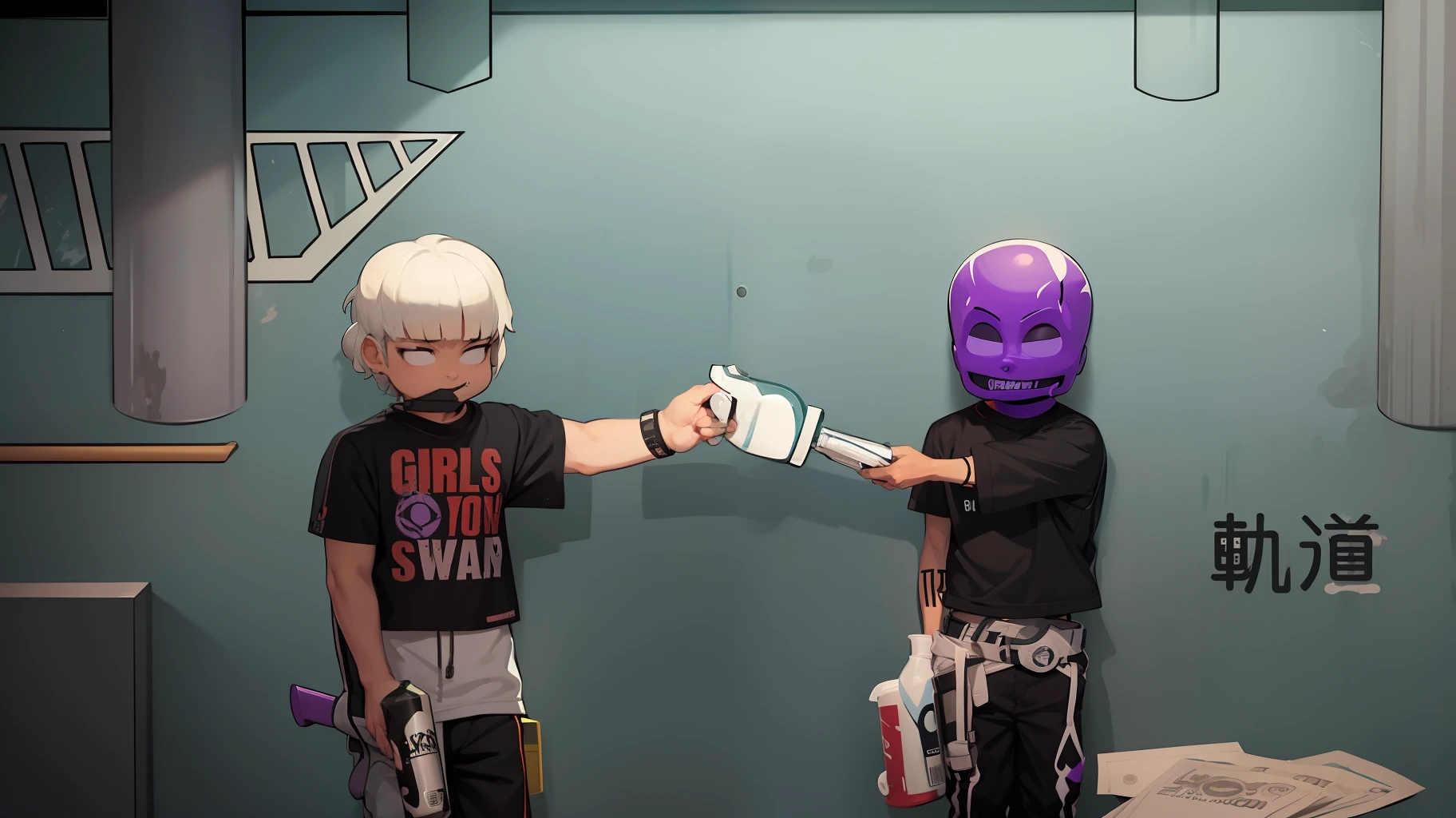 There are 2 boys with white skin, in a salon black pants, white sneakers, face with empty countenance, smug smile, spiteful look, well detailed face, thin, environment with walls spray-painted smoke, purple hue, cigarettes, drinks, money, gangster, hip hop style, akira style, simplistic and cartoonish, rap album, album cover, 2D, unreal, graffiti style, simplistic, Akira Art Style, Cartoon Style Illustration, Random Artist, Simple Cartoon Style, Burning World, Purple Universe, Best Quality, HD