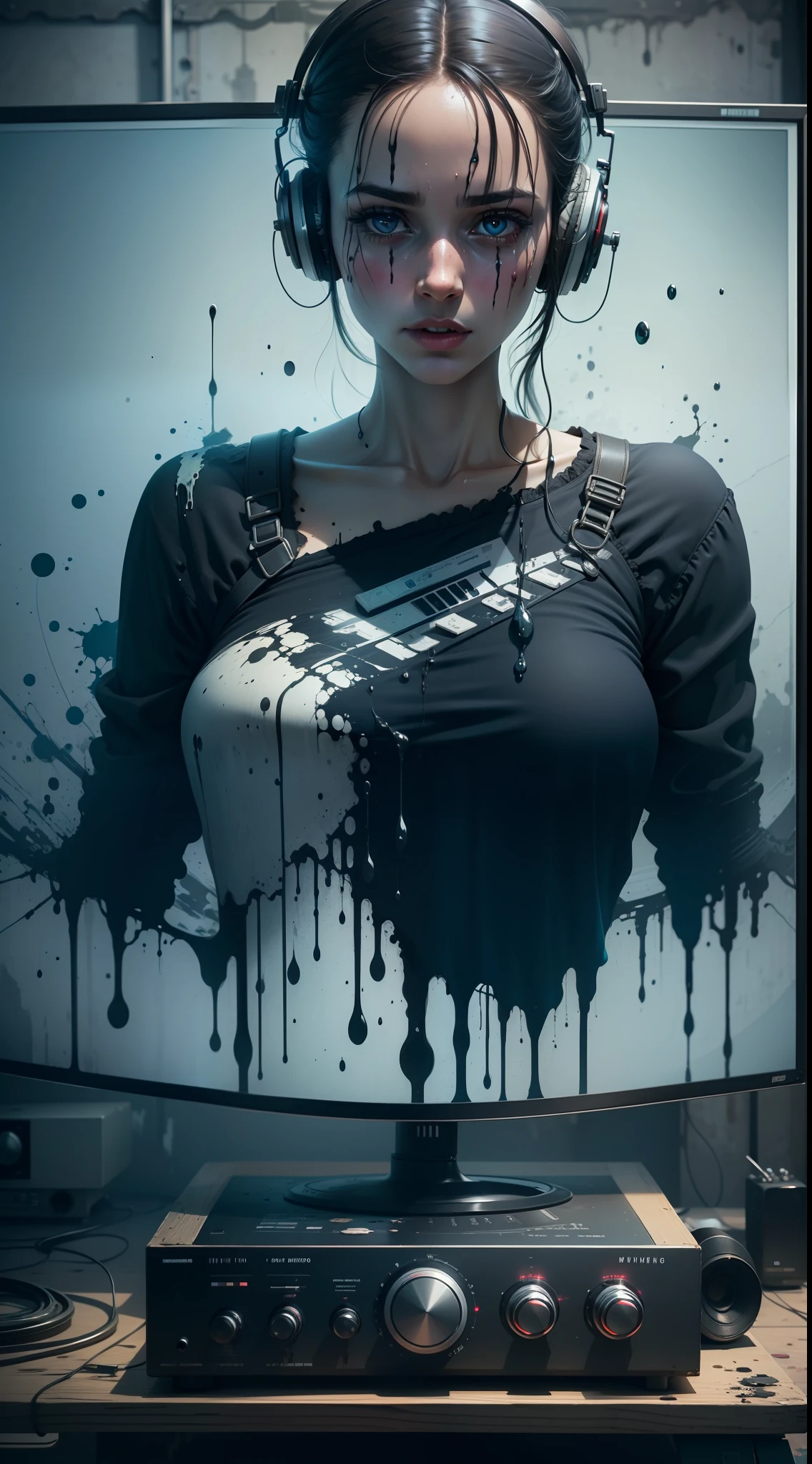 a digital tv store mannequin hi fi new media model in the style of gothic industrial decaying figures 4k, octane rendering, dripping paint, data bending environment