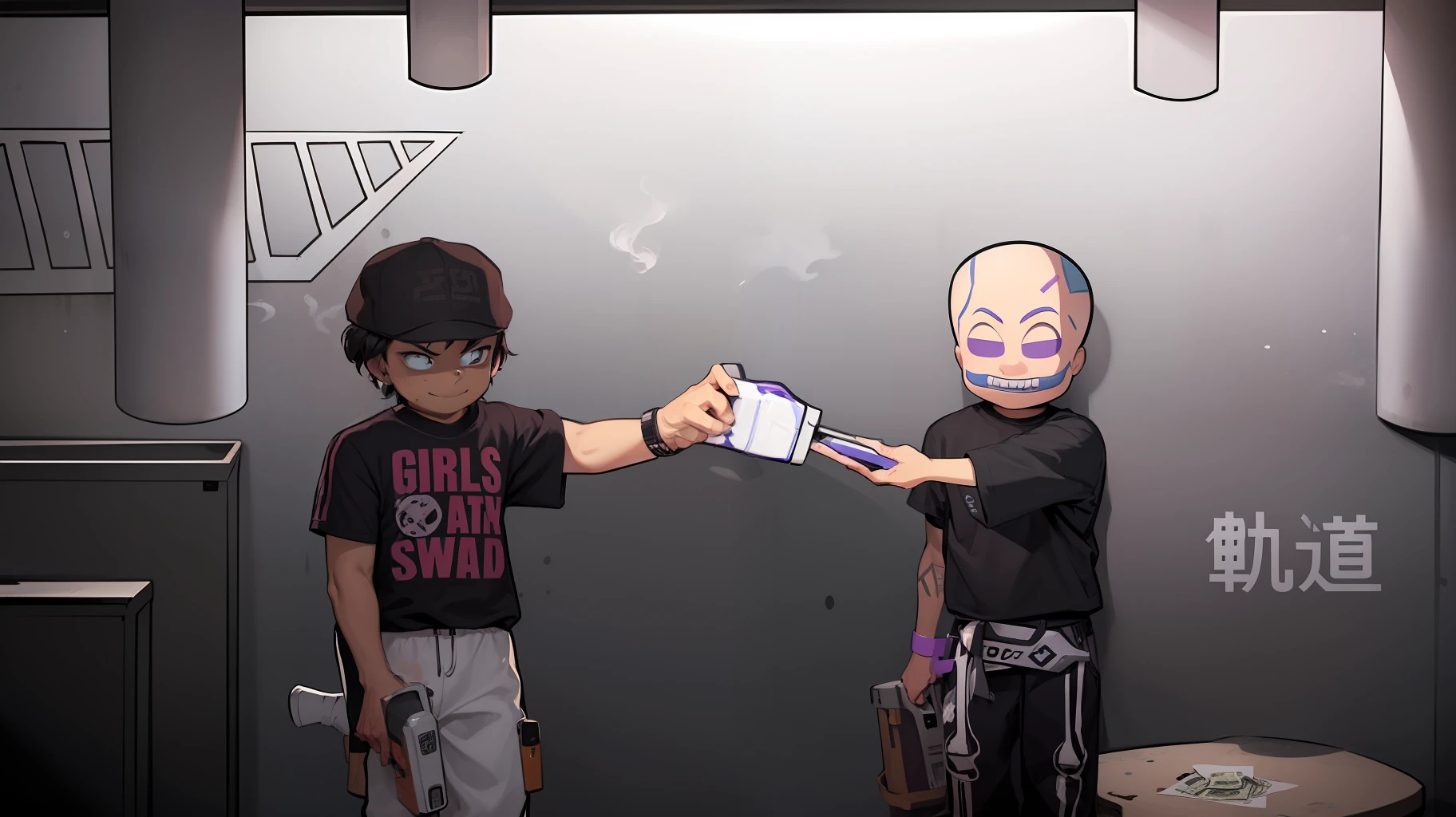 There are 2 boys with white skin, in a salon black pants, white sneakers, face with empty countenance, smug smile, spiteful look, well detailed face, thin, environment with walls spray-painted smoke, purple hue, cigarettes, drinks, money, gangster, hip hop style, akira style, simplistic and cartoonish, rap album, album cover, 2D, unreal, graffiti style, simplistic,  Akira Art Style, Cartoon Style Illustration, Random Artist, Simple Cartoon Style, Burning World, Purple Universe, Best Quality, HD