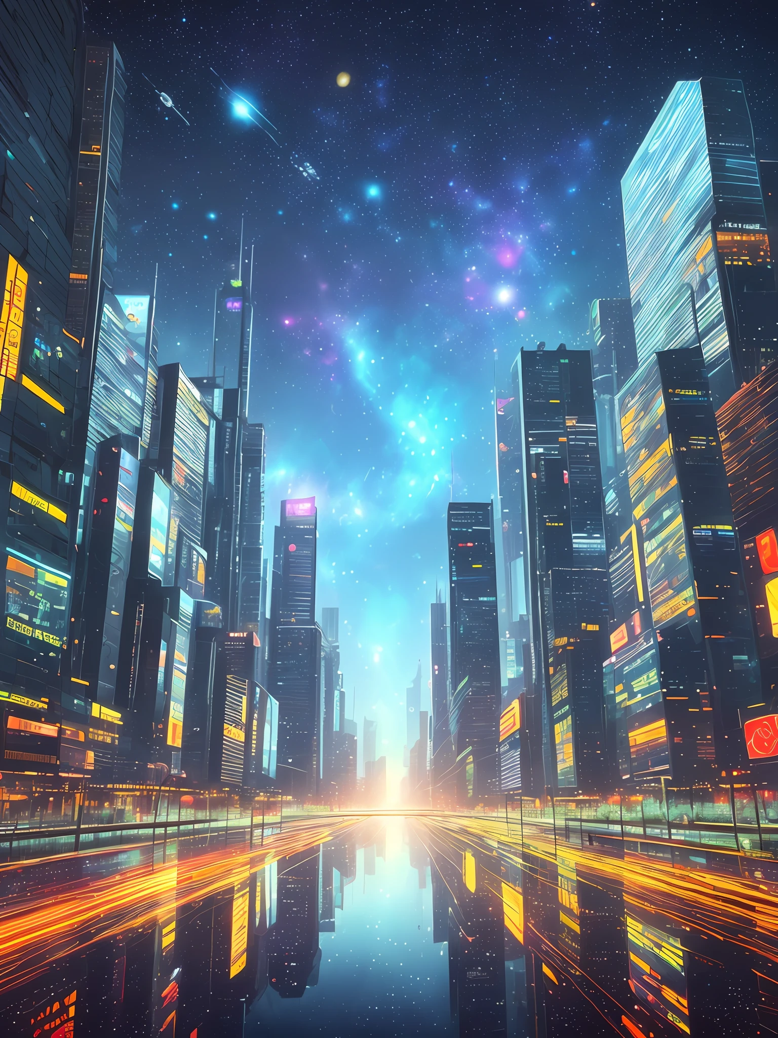 Concept art, best quality, space and galaxy, ((psychedelic style)), best quality 4K, masterpiece, cellular wallpaper, brightness, lots of glass effect, city, buildings floor view up, cyberpunk style, lights and effects RPG, UHDR, stars and planets in the sky, largest view of the sky, raindrops, reflecting puddle of water, ultra realistic, science fiction