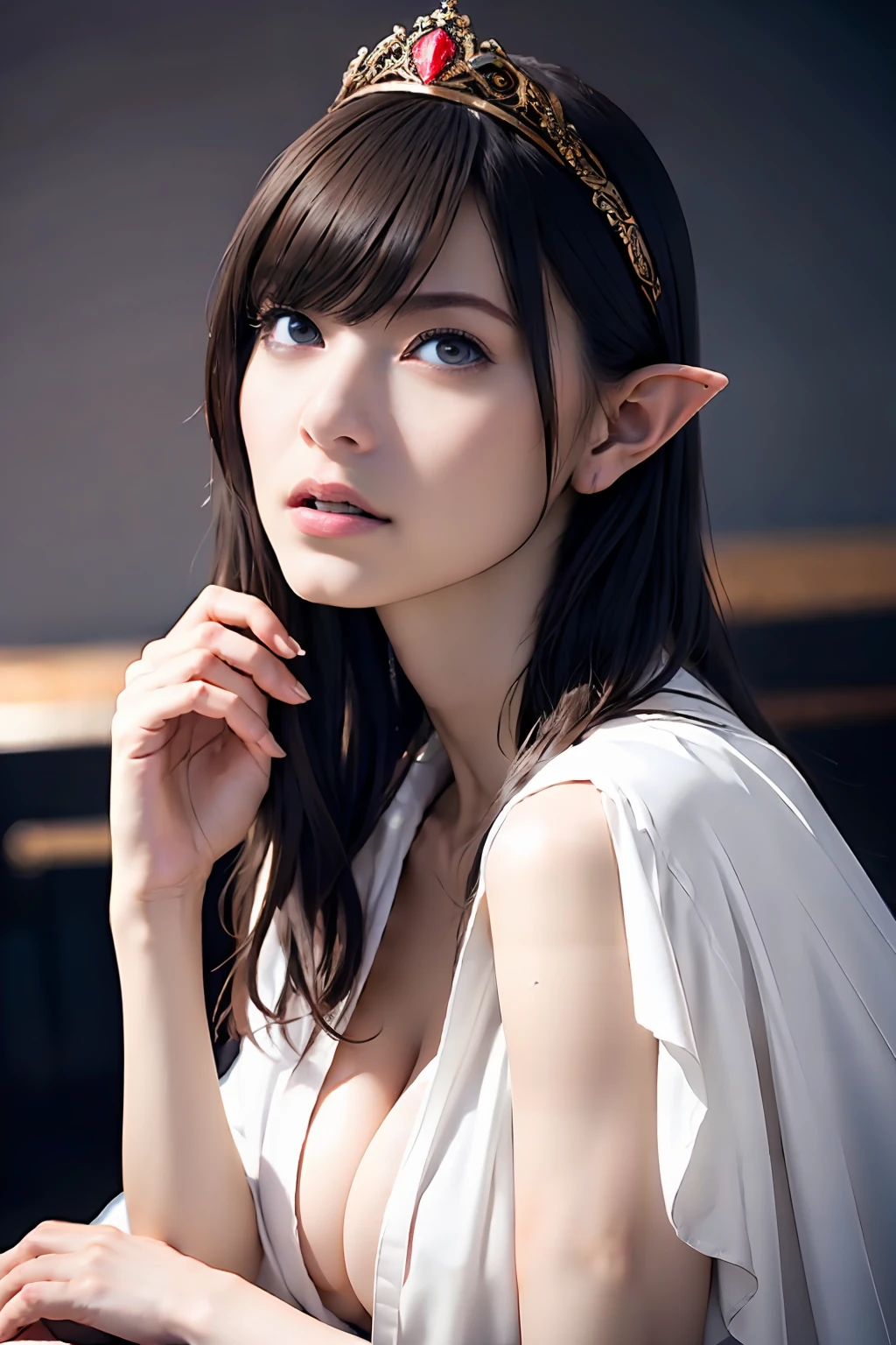 Ultra-detailed complex 3D rendering of the face, (Colossal: 8.8), (masterpiece, top quality, octane rendering, 8K), glamour shot full body image, very beautiful young elf, cleavage, (very detailed skin: 1.2), (exposure: 1.1), brown hair, (wearing a plummeted open shirt of white silk: 1.5)), beautiful Caucasian woman with white skin with full soft breasts with big buttocks, 1 person, long braided hair, big breasts, dynamic angle, mystical expression, ultra-realistic photos, (((((portrait))), bare feet, futuristic urban background, facial muscles, detailed and beautiful queen crown, in the style of Marvel Comics, ArtStation trends, clear focus, studio photography, intricate details, very detailed, detailed red eyes, very detailed, Sharp Focus, Digital Rendering, Professional, Abs, Dark Grey Background, Shot with Canon EOS R 6, (((((Sexy Pose)))),
