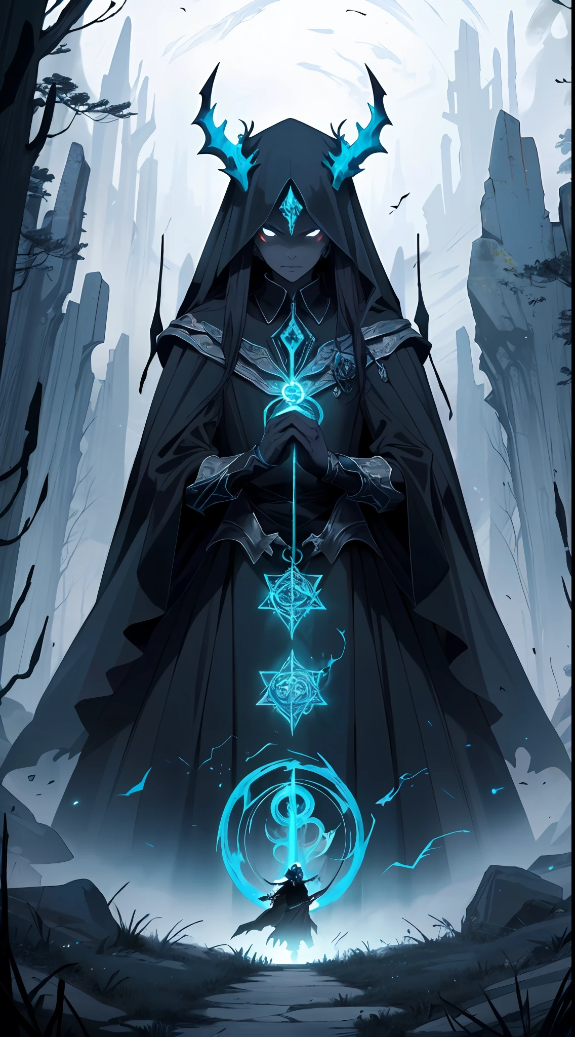 (((Masterpiece))), (((UHD))), (((Textured skin))), (((Super detail))), (((High details))), (((High quality))): Describe a Necromancer Mage in a vast open space as he summons demonic creatures from the depths of the beyond. The magician is in a central position, surrounded by a mystical circle drawn on the ground. His eyes glow with a dark energy, while his outstretched hands summon the power of darkness. Demonic creatures begin to emerge from the ground, their distorted and sinister forms filling the distant horizon. The image captures the grandeur of the scene, with the vastness of the space revealing a dark and fearsome landscape. The demonic creatures are depicted in stunning detail, with textured skin and grotesque features. Their distant forms create a sense of depth, conveying the immensity of the Necromancer's summoning. The lighting is bleak, with a play of shadows and lights that enhances the sinister mood of the scene. Sparks of magical energy and smoke envelop the magician and the creatures, creating an atmosphere charged with mystery and danger. With the use of the ((atmospheric perspective)) technique, the shapes and details of the demonic creatures become more subtle as they extend along the distant horizon, creating a sense of depth and realism. This high-quality, high-resolution image (((Retina))), with skin textures and visual elements (((super detail))), conveys the magnitude of the Necromancer Wizard's dark power as he conjures up demonic creatures. The minute details of the creatures and the sense of vastness in the distant landscape provide a stunning and immersive visual experience, immersing the viewer in a fantasy world filled with danger and dark magic.