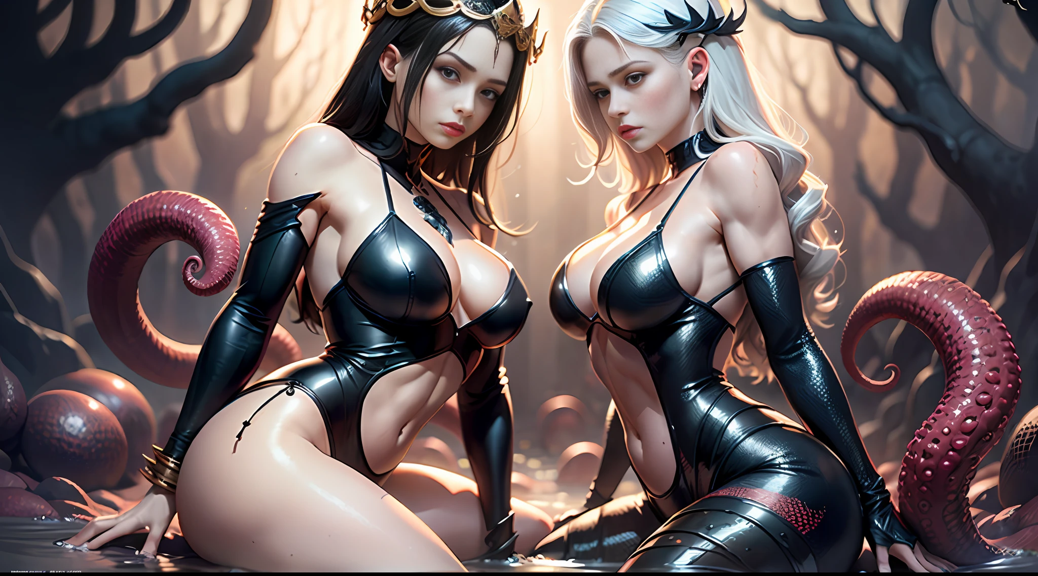 Genuinely create a realistic digital photograph of two girls, one blonde and one brunette, posing next to each other, goddess of war, Greek goddess, Ginger style, Michelangelo art, dark theme, perfect human anatomy, bodybuilder, fit body, whole body, seductive, with many intrinsic and complex details, charming and seductive scene, long angle photo, 9:16 aspect ratio,  official art, 8k, wallpaper, ultra detailed, beautiful and aesthetic, masterpiece, best quality, realistic. Tentacle demonic tree, tentacle tree, plant tentacle, bond, devouring goddess, magic, tentacle trunk encrusted with the two beautiful women, one next to each other, one crouched with open leg, another sitting sideways and leaning against the tentacle tree fused with the demonic tree, covered with tentacles, Greek goddesses, dressed in Nori seaweed dresses, several layers,  Deep necklines, torn dress, (navel and shoulders exposed), fine details, tentacles in black color, tentacles around, wrapped in black tentacles, black oil oozing out, some tentacles touching it, huge greasy and wet tentacles and eyes, many sucked tentacles, octopus, oil, oozing liquid, hybrid oppein, biomechanical, many tentacles, densely packed tentacles, mucus and tentacles, twisted tentacles.