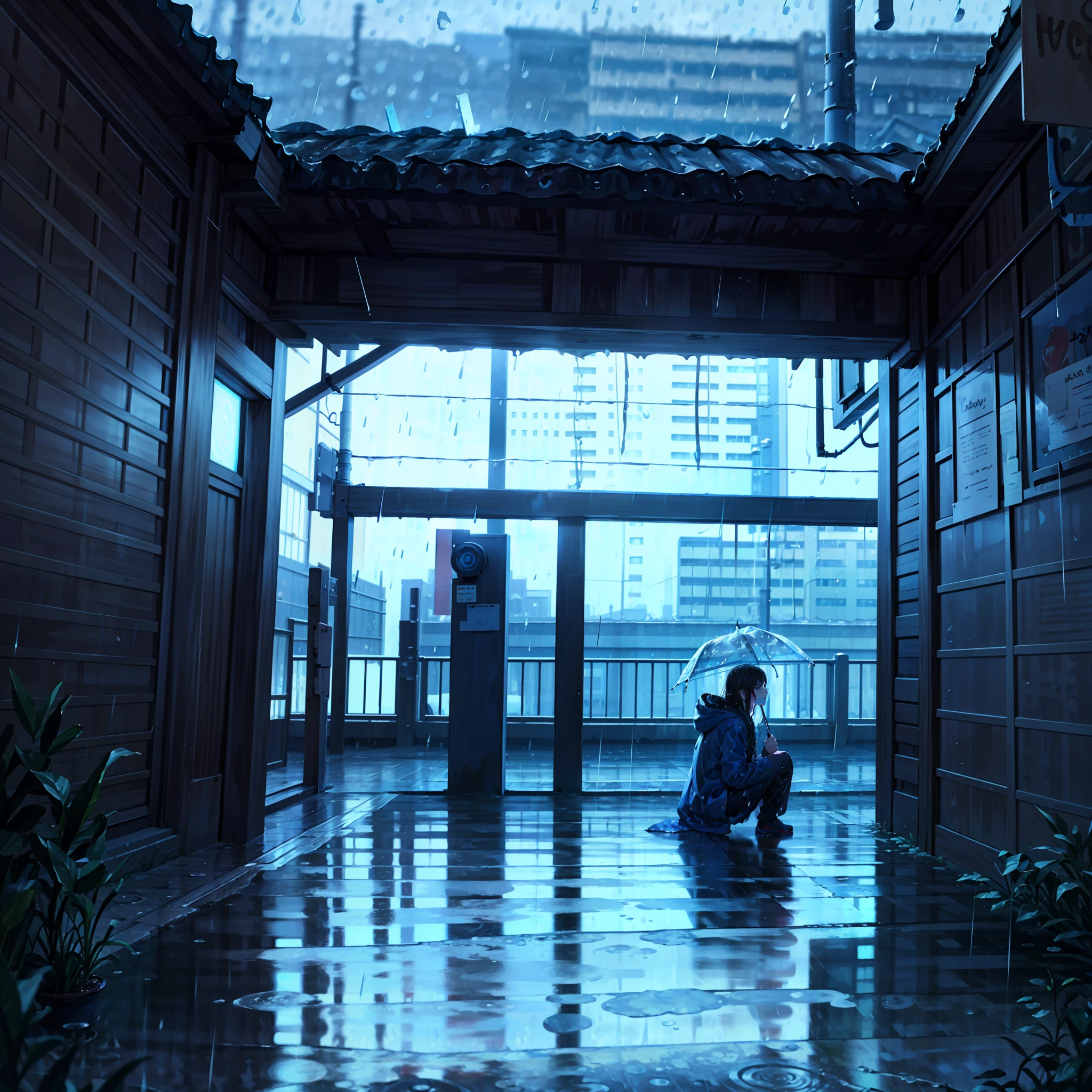(masterpiece:1.2, best quality), (real image, intricate details), (night, dark, rain:1.4) There was no one in the alley, and the surroundings were silent, only the raindrops sprayed on the tiled eaves of the low houses near and far, making a slight rustle. In the cold rain, close-up, (1boy, wet hooded jacket, sad, perfect eyes:1.2) crouched on the ground,