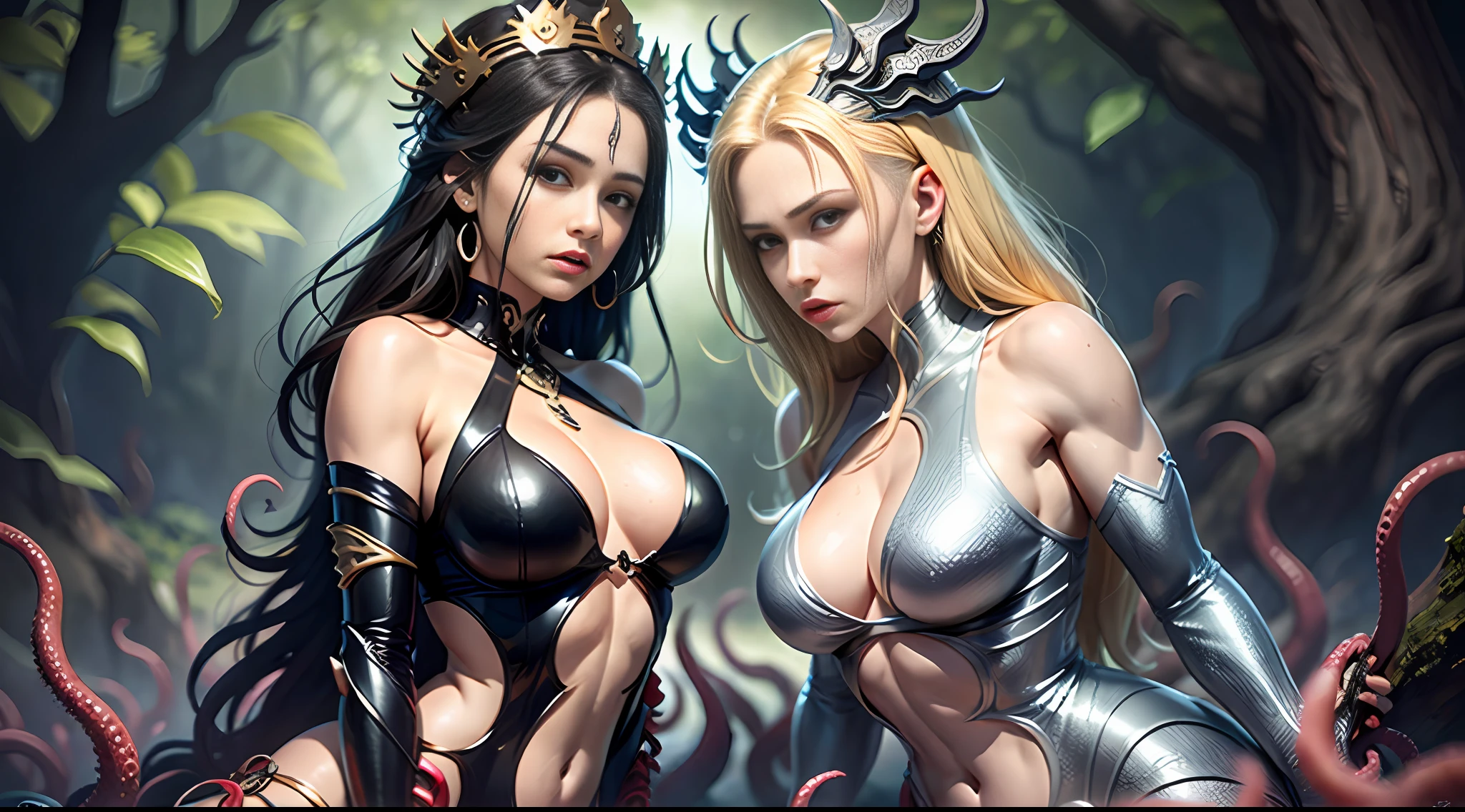 Genuinely create a realistic digital photograph of two girls, one blonde and one brunette, posing next to each other, goddess of war, Greek goddess, Ginger style, Michelangelo art, dark theme, perfect human anatomy, bodybuilder, fit body, whole body, seductive, with many intrinsic and complex details, charming and seductive scene, long angle photo, 9:16 aspect ratio, official art, 8k, wallpaper, ultra detailed, beautiful and aesthetic, masterpiece, best quality, realistic. Tentacle demonic tree, tentacle tree, plant tentacle, bond, devouring goddess, magic, tentacle trunk encrusted with the two beautiful women, one next to each other, one crouched with open leg, another sitting sideways and leaning against the tentacle tree fused with the demonic tree, covered with tentacles, Greek goddesses, dressed in Nori seaweed dresses, several layers, Deep necklines, torn dress, (navel and shoulders exposed), fine details, tentacles in black color, tentacles around, wrapped in black tentacles, black oil oozing out, some tentacles touching it, huge greasy and wet tentacles and eyes, many sucked tentacles, octopus, oil, oozing liquid, hybrid oppein, biomechanical, many tentacles, densely packed tentacles, mucus and tentacles, twisted tentacles.