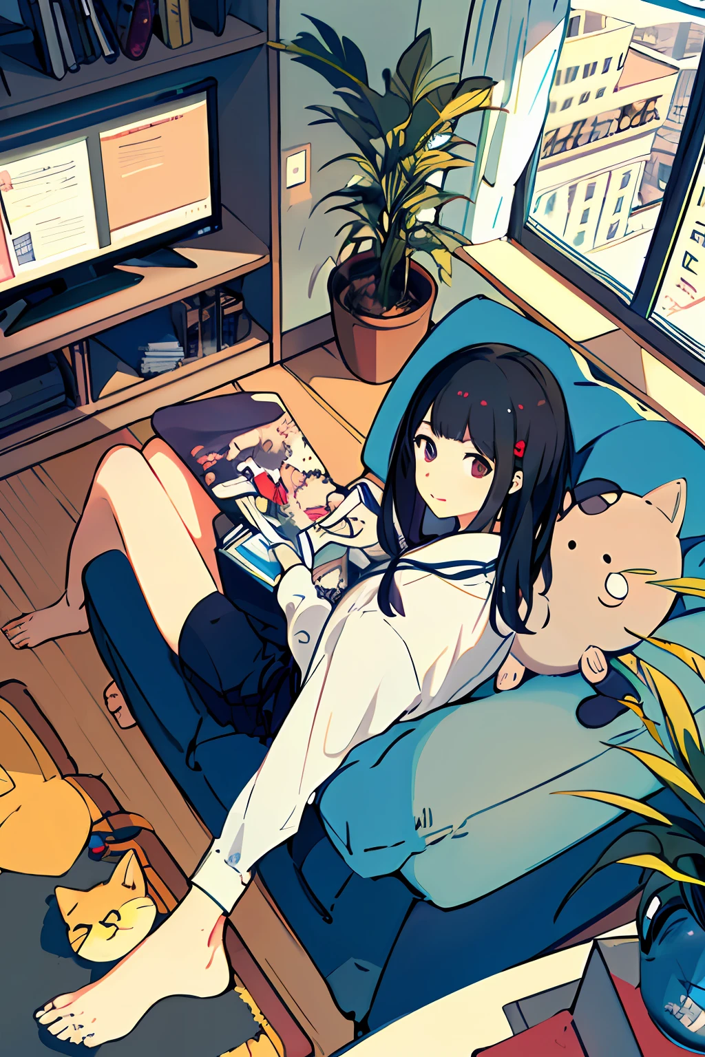 One girl, from above, plant, black hair, cat, lying down, indoors, holding, long sleeve, long hair, stuffed animal, potted plant, book, food, window, telephone, loaded interior, television, short hair, on the back, plush toy, bangs, slippers, barefoot, sitting, bookcase, shelf, cable, computer