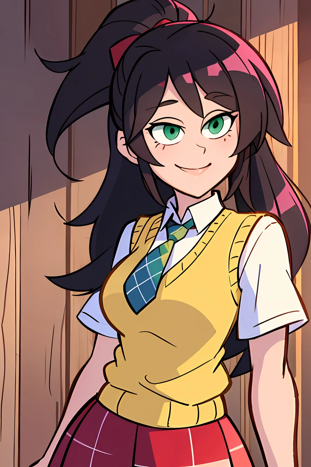 (cartoon), light smile, Schoolgirl attire, white blouse with yellow sweater vest, green striped tie, red plaid skirt and black boots with white buckles, forest green eyes and ashy hair in a twin ponytail, (style of