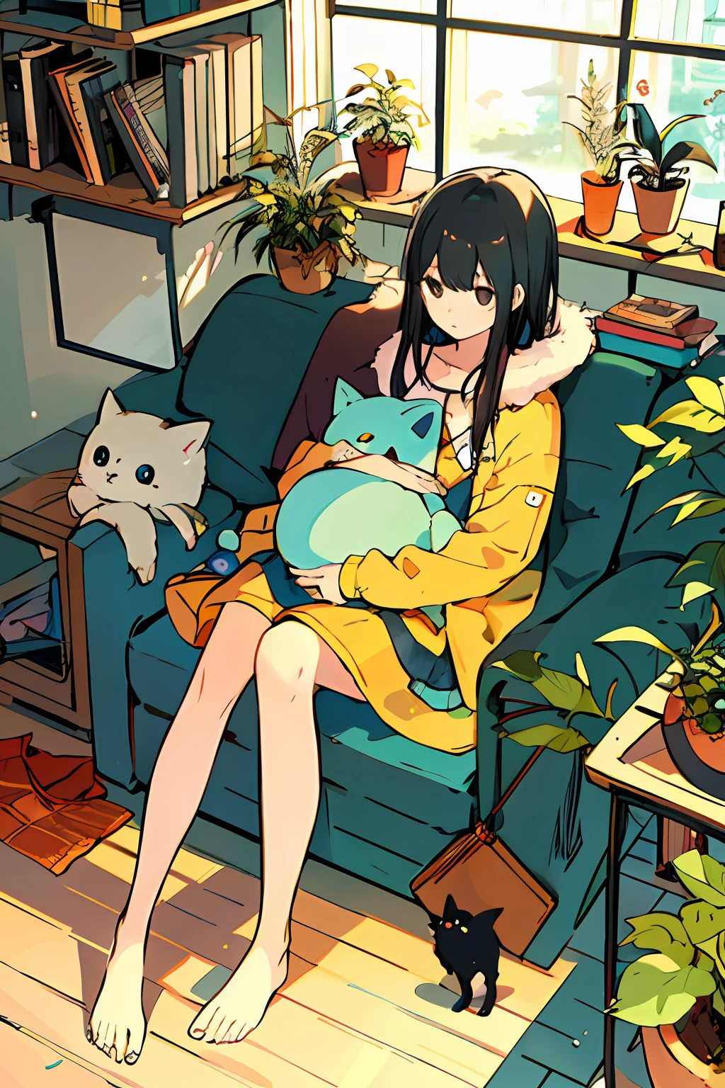 One girl, from above, plant, black hair, cat, lying down, indoors, holding, long sleeve, long hair, stuffed animal, potted plant, book, food, window, telephone, loaded interior, television, short hair, on the back, plush toy, bangs, slippers, barefoot, sitting, bookcase, shelf, cable, computer