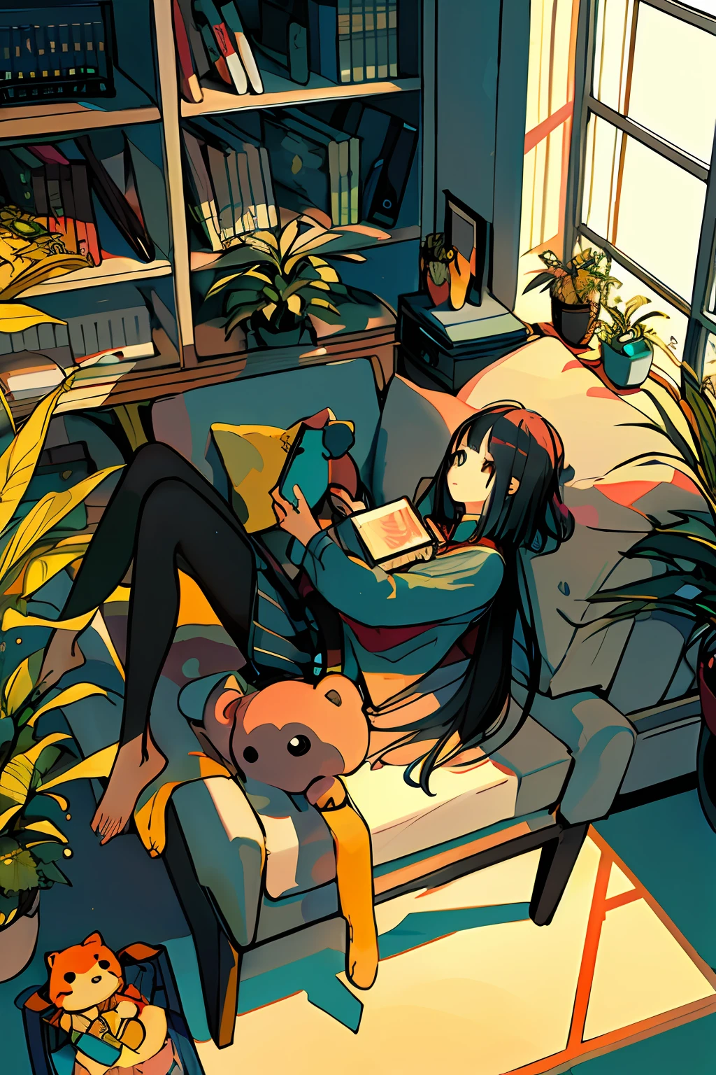 One girl, from above, plant, black hair, cat, lying down, indoors, holding, long sleeve, long hair, stuffed animal, potted plant, book, food, window, telephone, loaded interior, television, short hair, on the back, plush toy, bangs, slippers, barefoot, sitting, bookcase, shelf, cable, computer