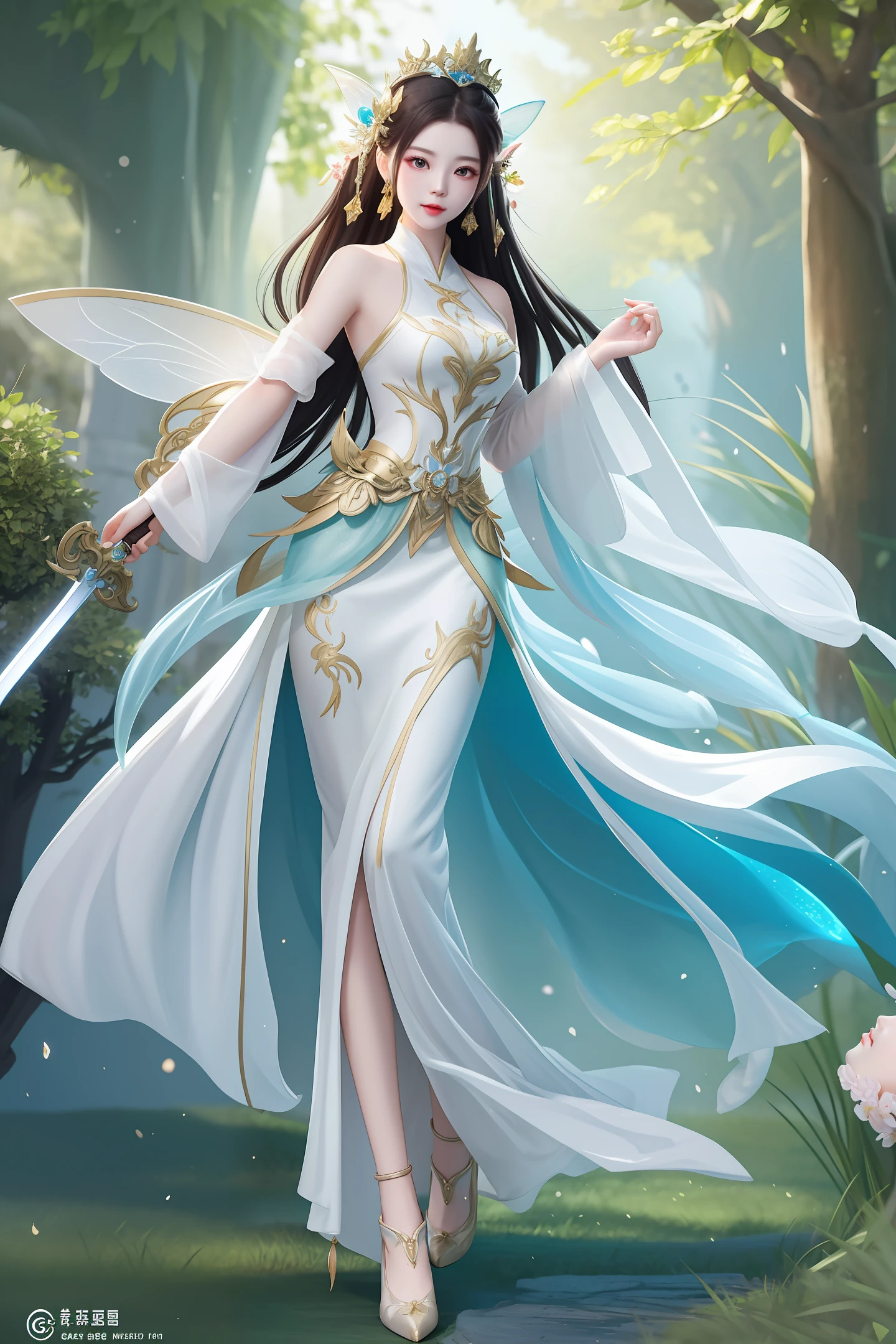 Close-up of a woman in a white dress holding a sword, full body fairy, Yunling, sea queen Mu Yanling, game CG, beautiful fantasy queen, inspired by Li Meishu, popular on cgstation, fairy fantasy, fairy hero, inspired by Lan Ying, fairy hero,