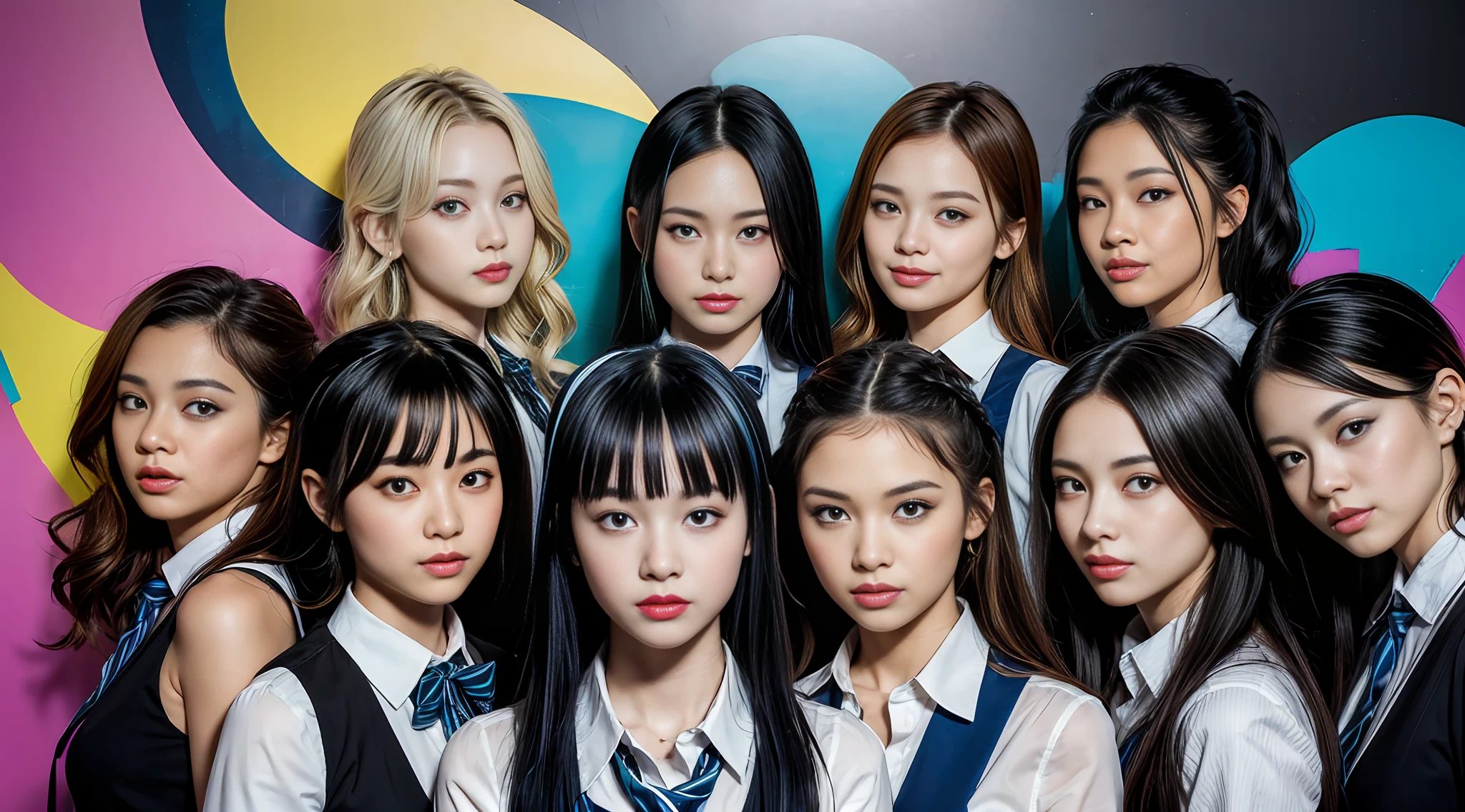 schoolgirl, beautiful detailed eyes, colorful, vivid colors, ((7girls: 1.5)), absurdity, top quality, striped hair, schoolgirl, latest fashion, (graffiti: 1.25), paint splatter, iridescent hair, paint on body
