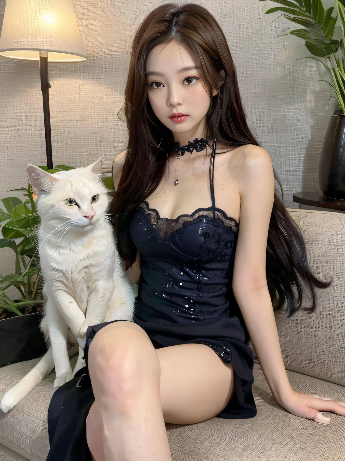 ((Night view, realistic light, best quality, 8k, masterpiece: 1.3)), 1girl, slender beautiful woman, holding a long-haired cat with white hair all the time in both hands, cute Garfield, brown hair, wearing green cheongsam, embroidered, sleeveless, sexy, cleavage, split end, long legs, sitting on the sofa, super detailed face, detailed eyes, double eyelids