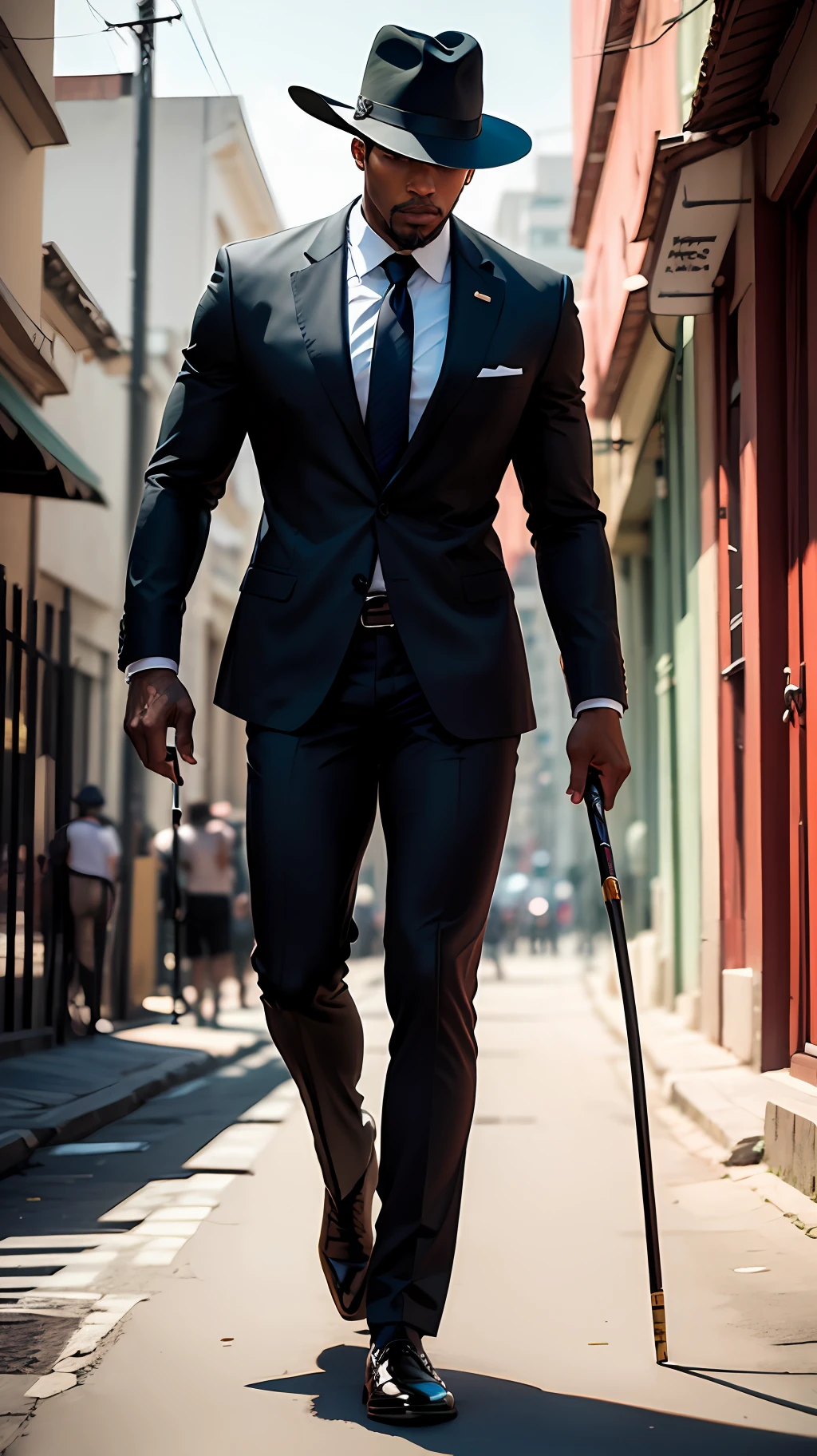 A black man, wearing a black suit with a black hat with a red stripe, holding a cane and smoking, against a backdrop of Rio de Janeiro Brazil --auto